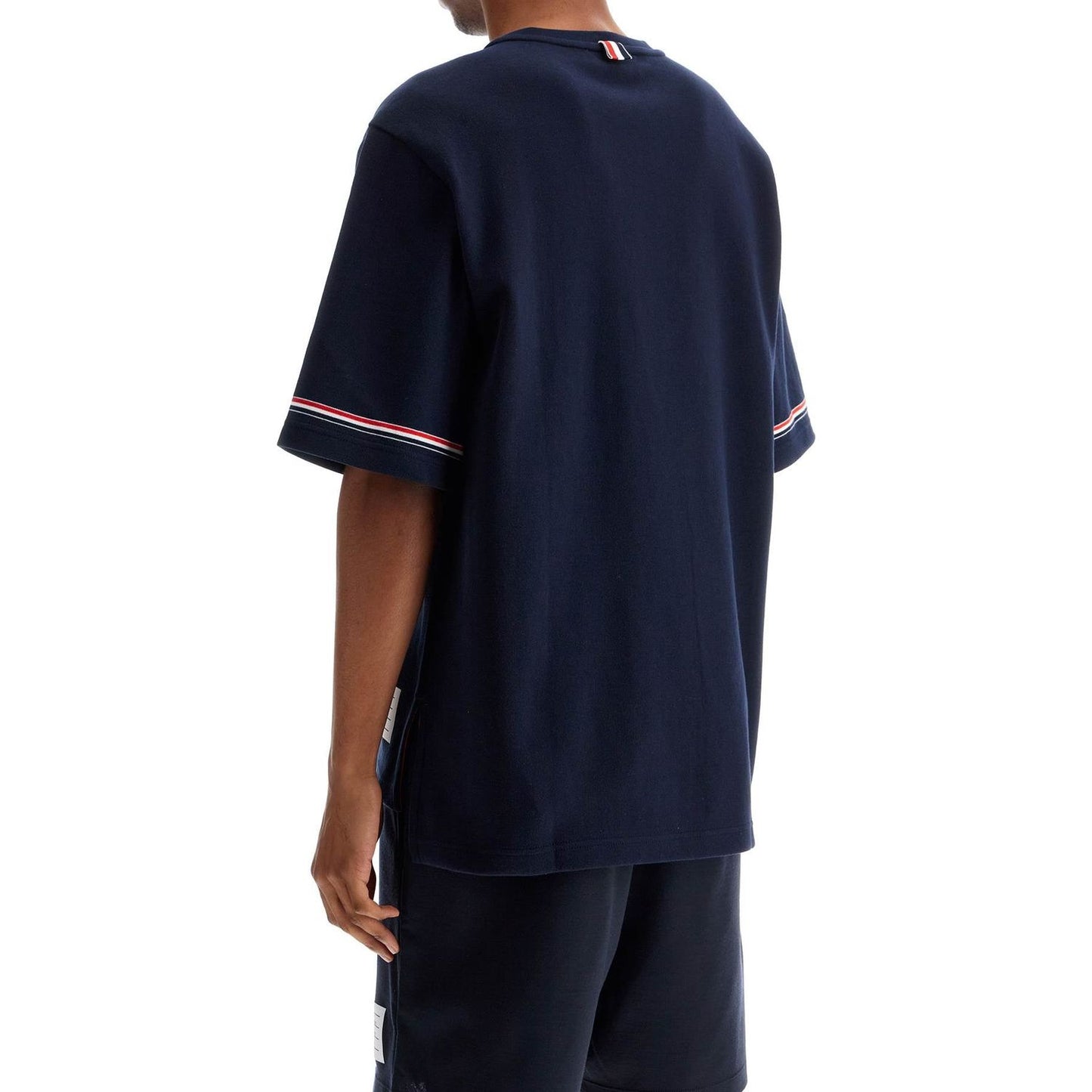 Thom Browne navy blue striped cotton t-shirt with wide neck Topwear Thom Browne