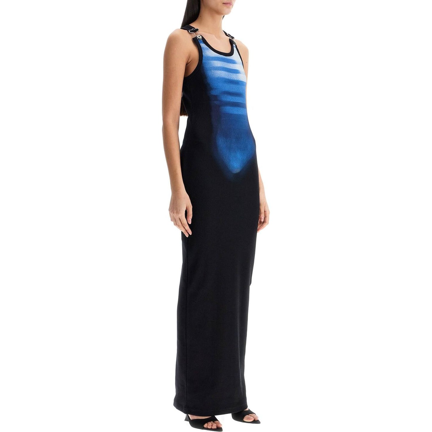 JEAN PAUL GAULTIER long fitted sleeveless dress in black and blue ribbed cotton Dresses JEAN PAUL GAULTIER