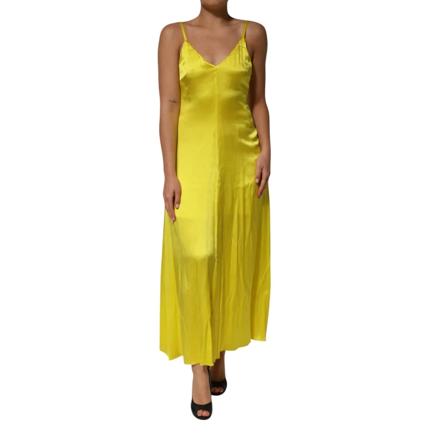 Tonello Yellow Silk Satin Slip Maxi Spaghetti Strap Maxi Dress