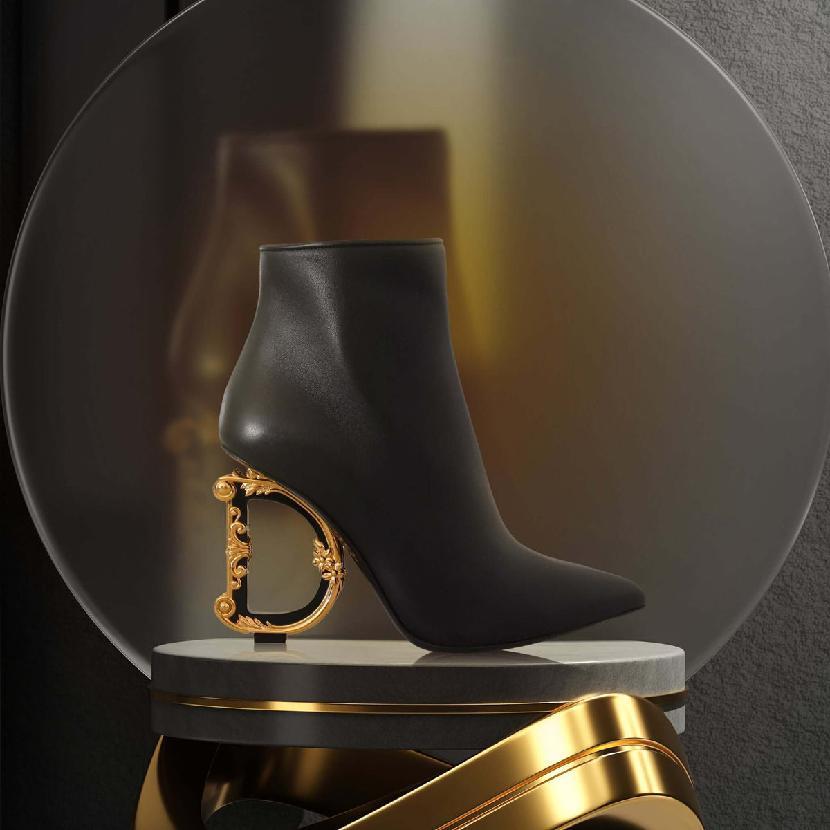 Luxury black ankle boot with ornate gold heel displayed on a modern pedestal, against a stylish background.