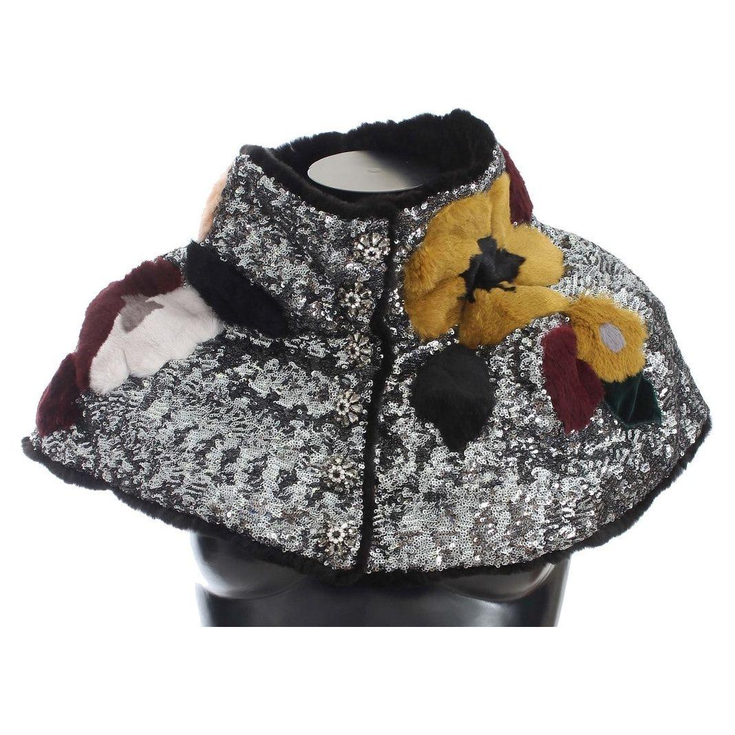 Dolce & Gabbana | Silver Sequined Floral Weasel Fur Shoulder Scarf Wrap | McRichard Designer Brands