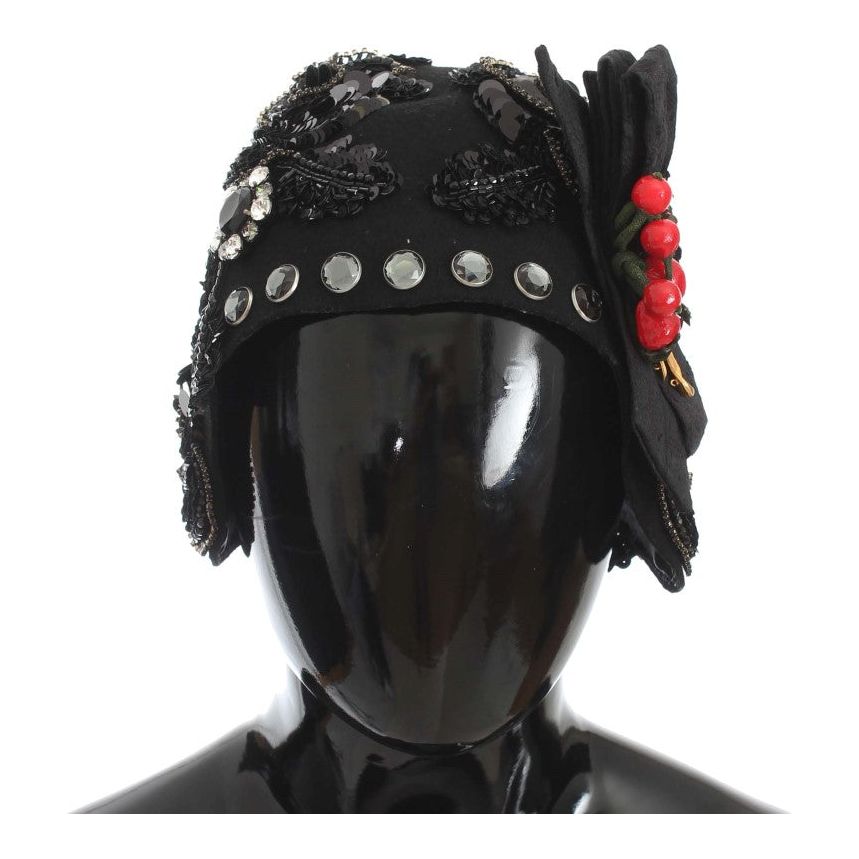 Dolce & Gabbana | Black Crystal Gold Cherries Brooch Hat | McRichard Designer Brands