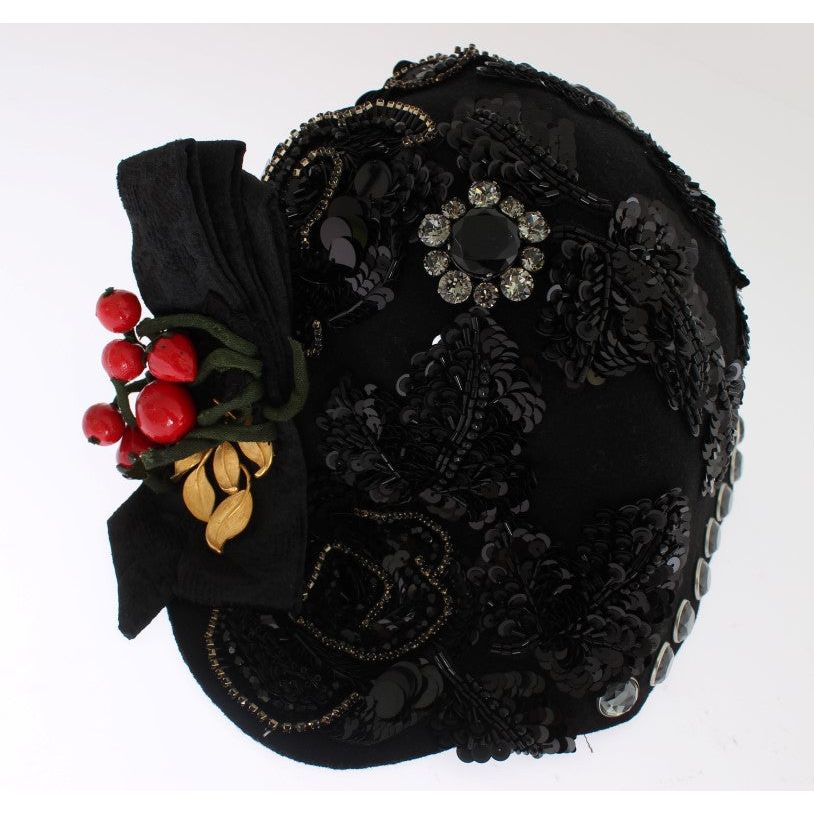 Dolce & Gabbana | Black Crystal Gold Cherries Brooch Hat | McRichard Designer Brands