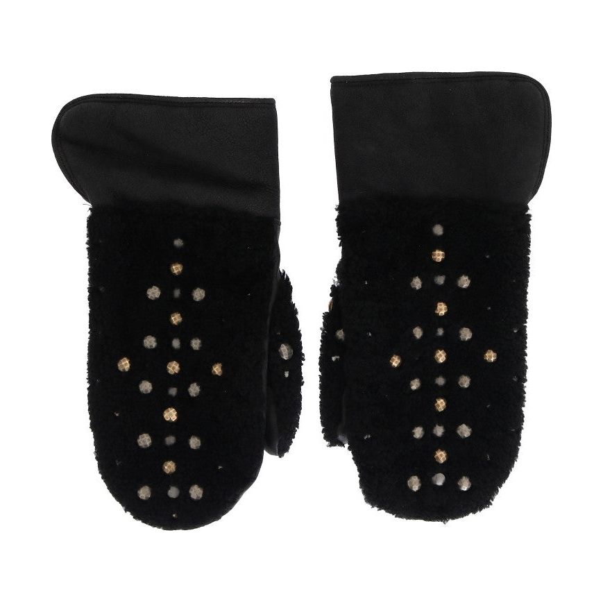 Dolce & Gabbana | Black Leather Shearling Studded Gloves | McRichard Designer Brands