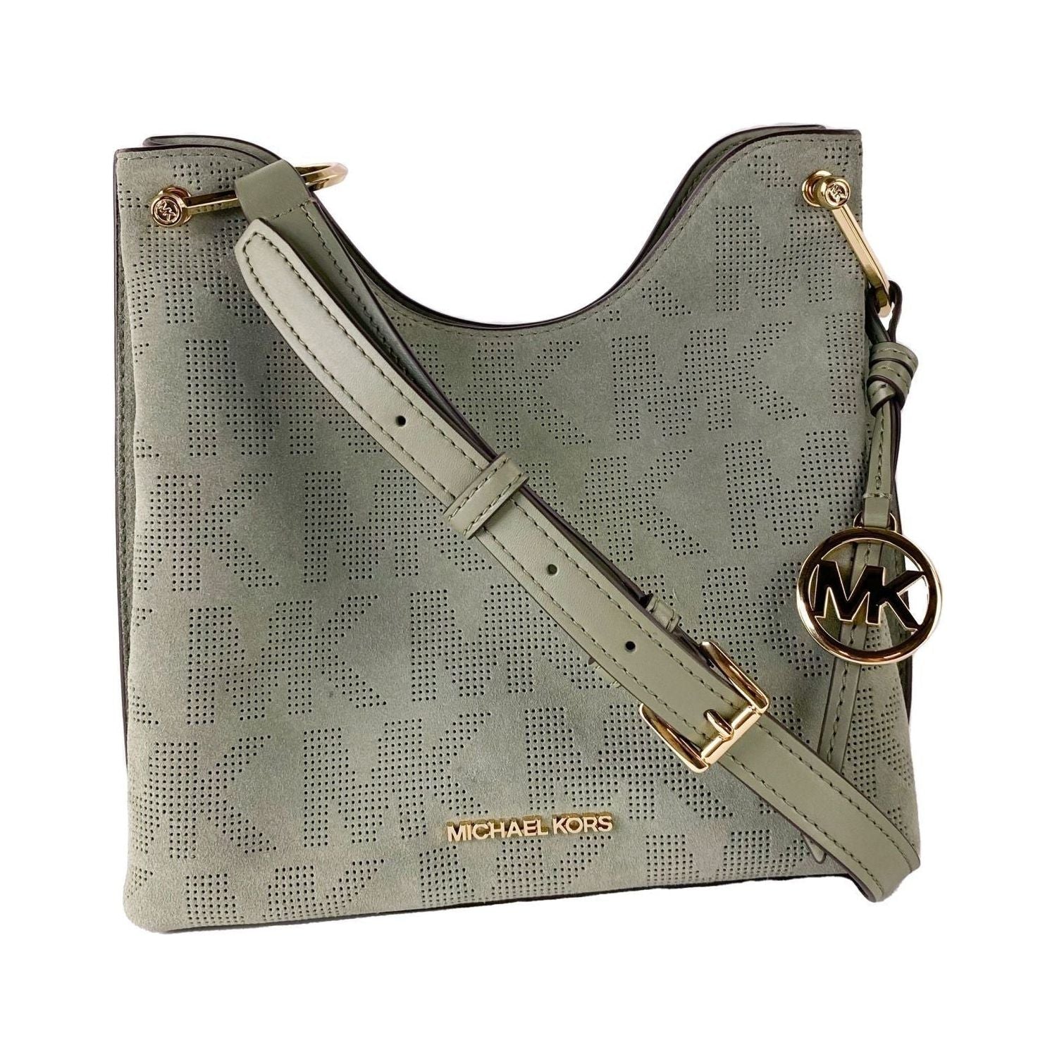 Michael Kors | Joan Large Perforated Suede Leather Slouchy Messenger Handbag (Army Green) - McRichard Designer Brands