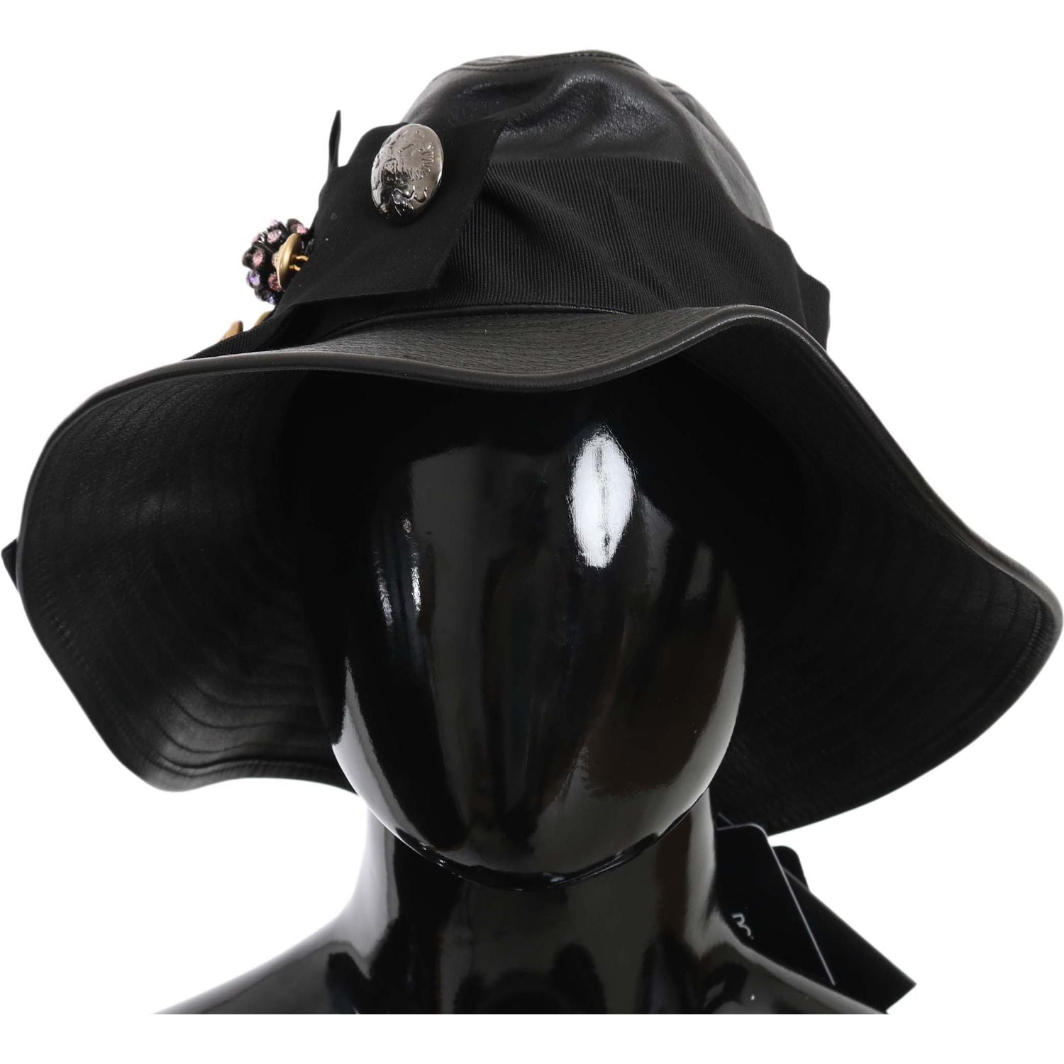 Dolce & Gabbana | Black Leather DG Coin Crystal Wide Brim Hat | McRichard Designer Brands