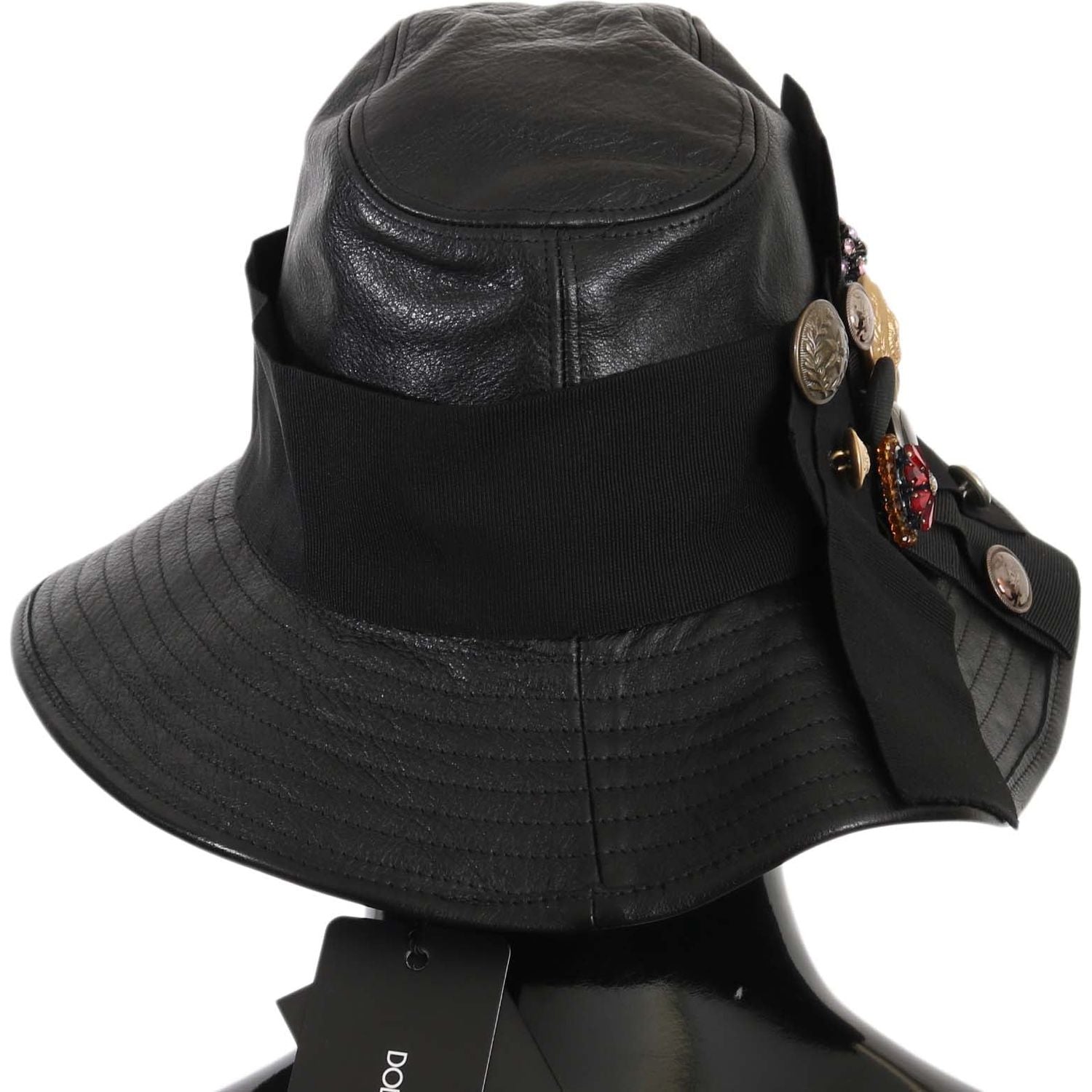 Dolce & Gabbana | Black Leather DG Coin Crystal Wide Brim Hat | McRichard Designer Brands