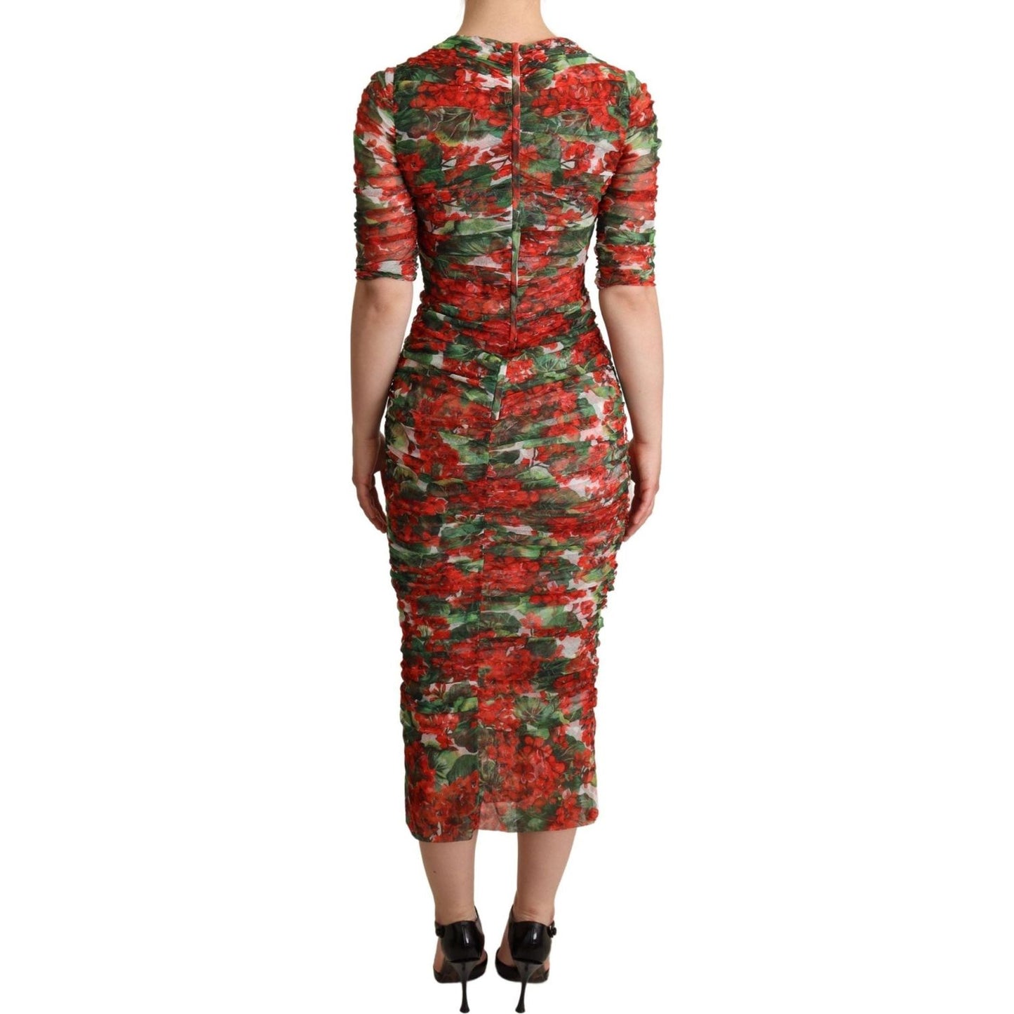 Dolce & Gabbana | Red Floral Print Tulle Sheath Midi Dress WOMAN DRESSES | McRichard Designer Brands