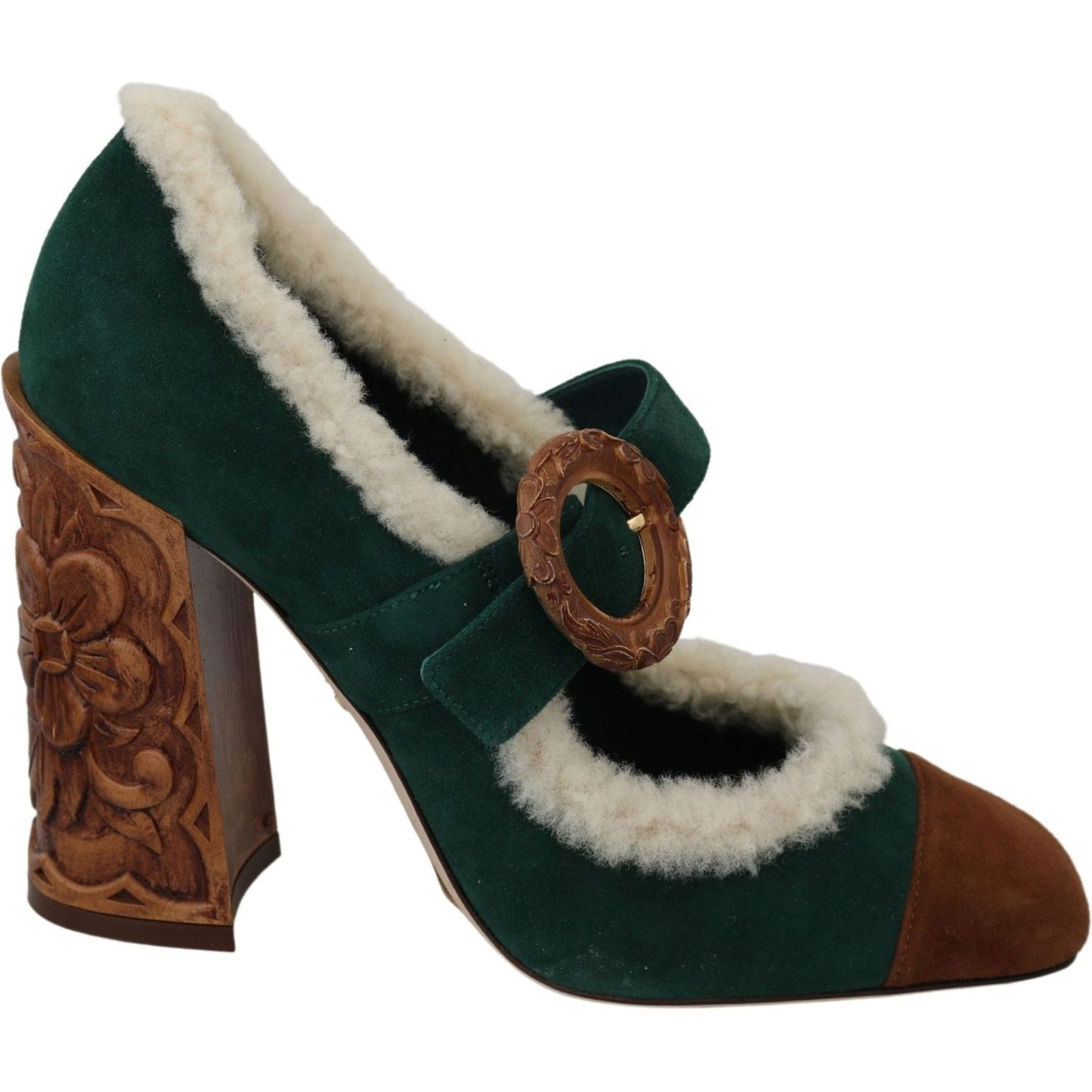Dolce & Gabbana | Green Suede Fur Shearling Mary Jane Shoes  | McRichard Designer Brands
