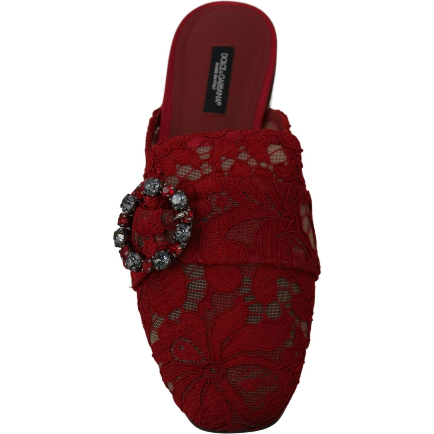 Dolce & Gabbana | Red Lace Crystal Slide On Flats Shoes - McRichard Designer Brands