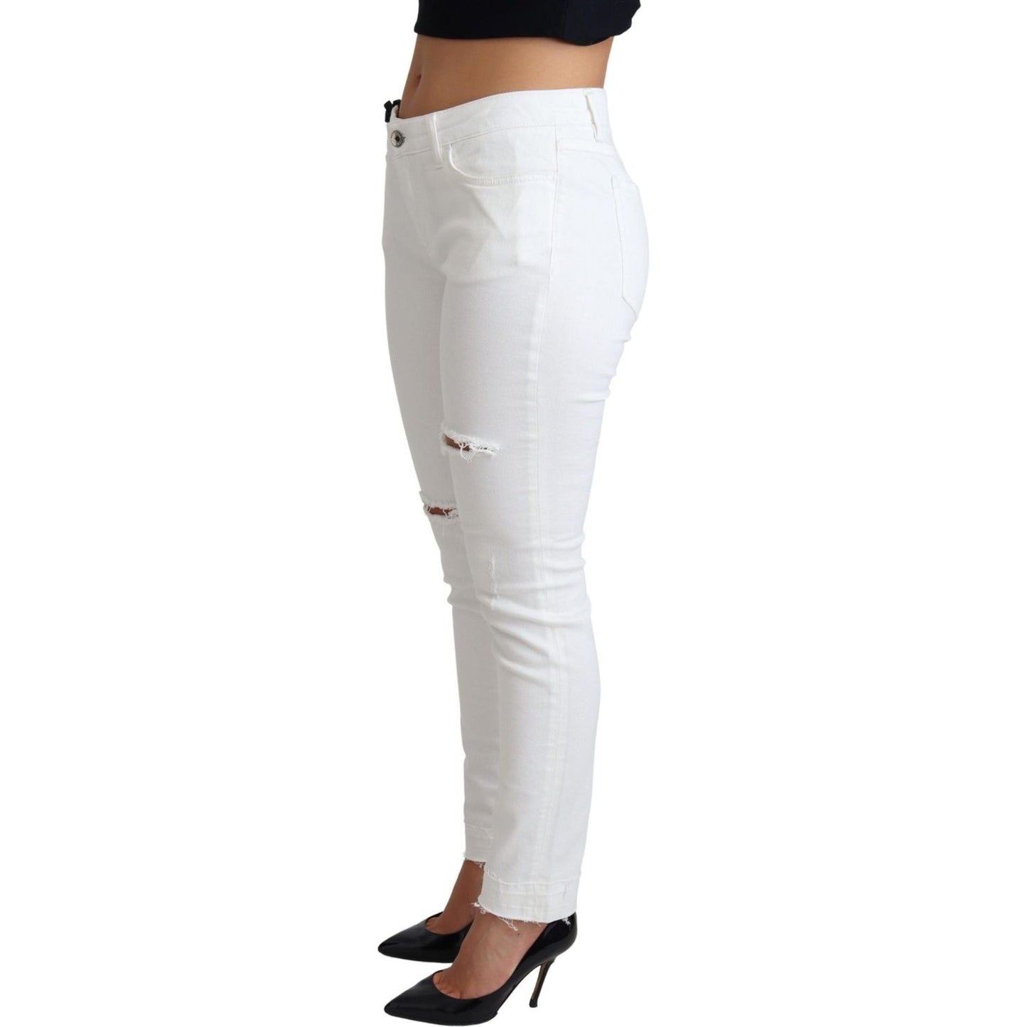 Dolce & Gabbana | White Tattered Skinny Denim Cotton Stretch Jeans | 299.00 - McRichard Designer Brands