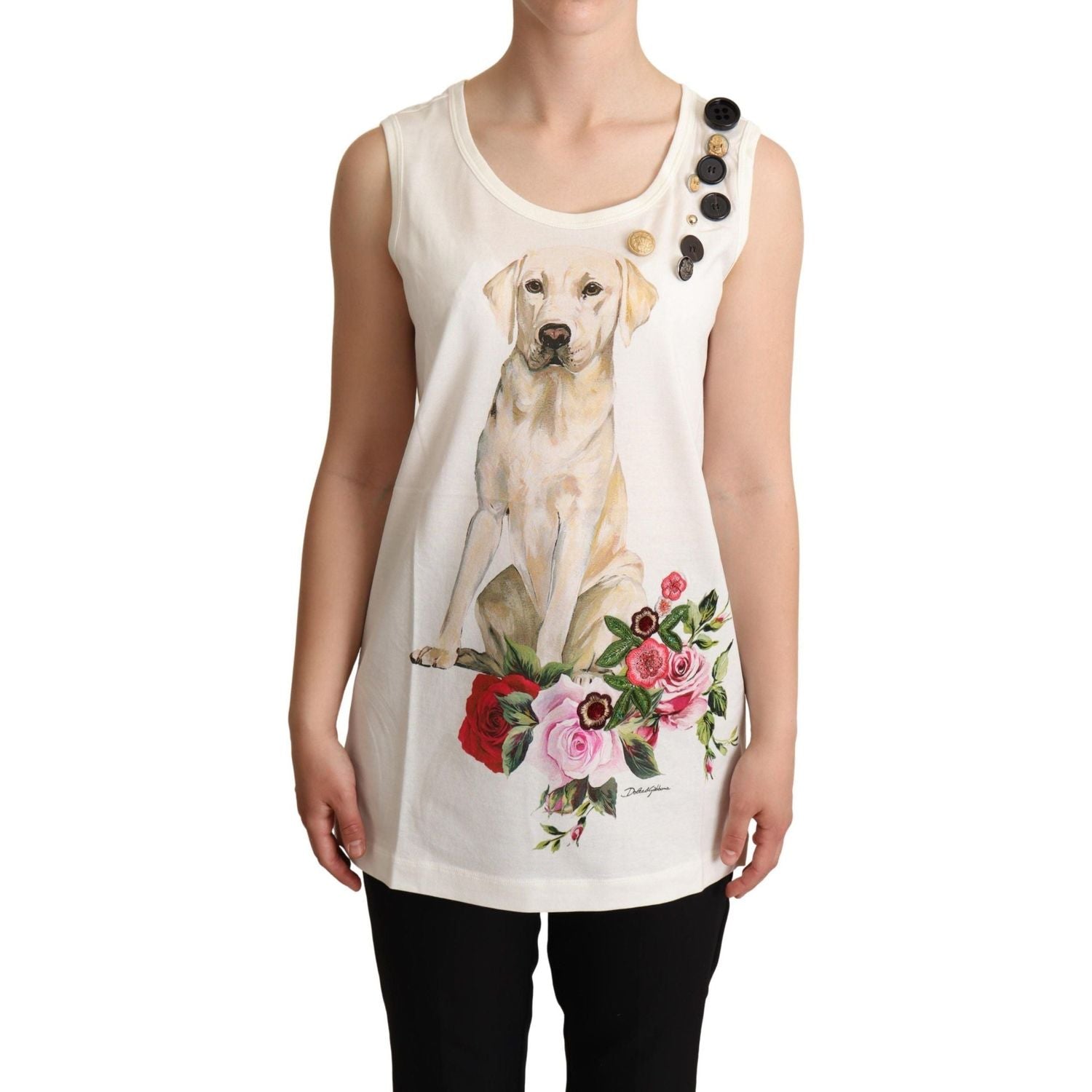 Dolce & Gabbana | White Dog Floral Print Embellished  T-shirt  | McRichard Designer Brands