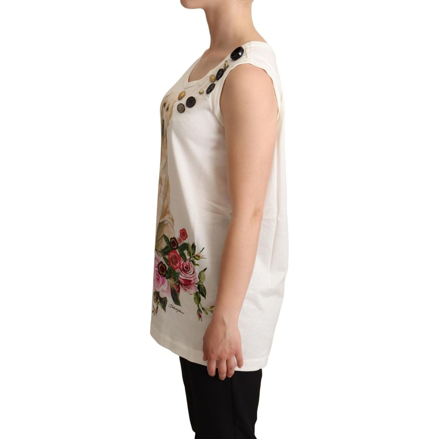Dolce & Gabbana | White Dog Floral Print Embellished  T-shirt  | McRichard Designer Brands