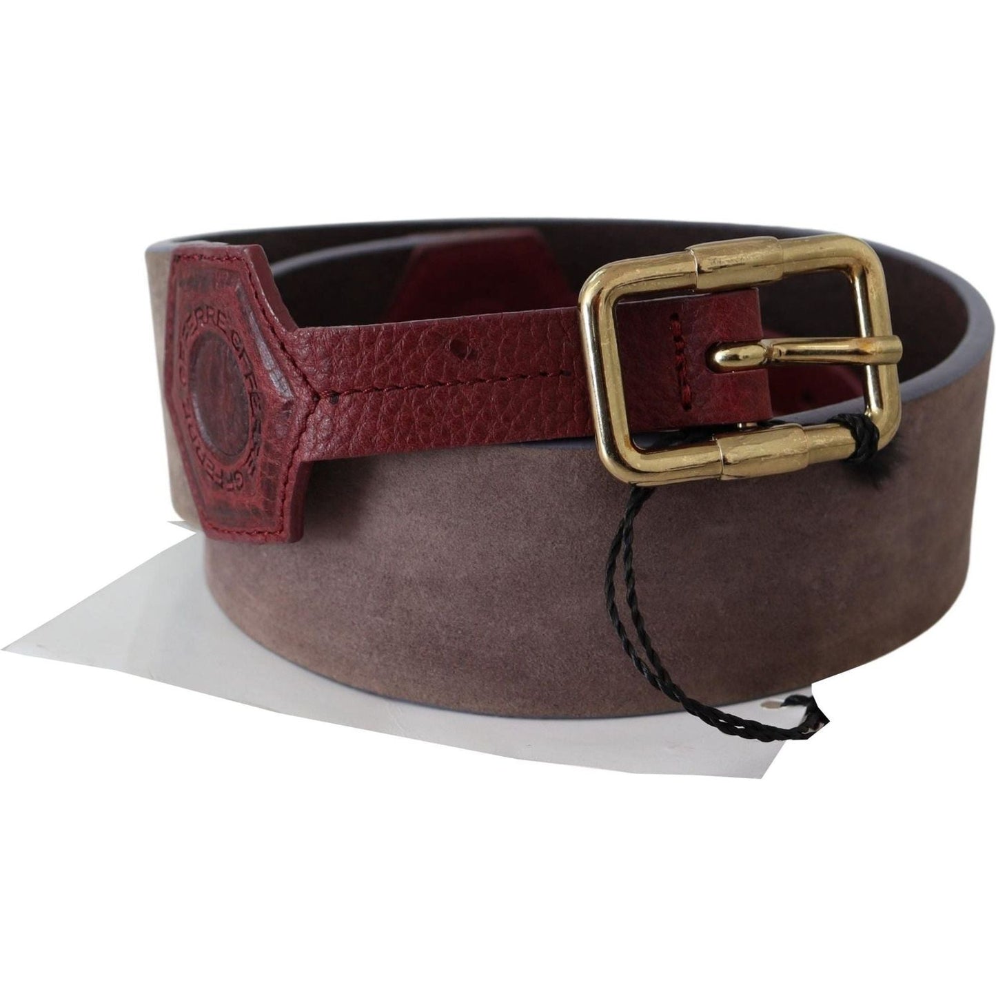 GF Ferre | Brown Leather Wide Gold Chrome Logo Buckle Belt - McRichard Designer Brands