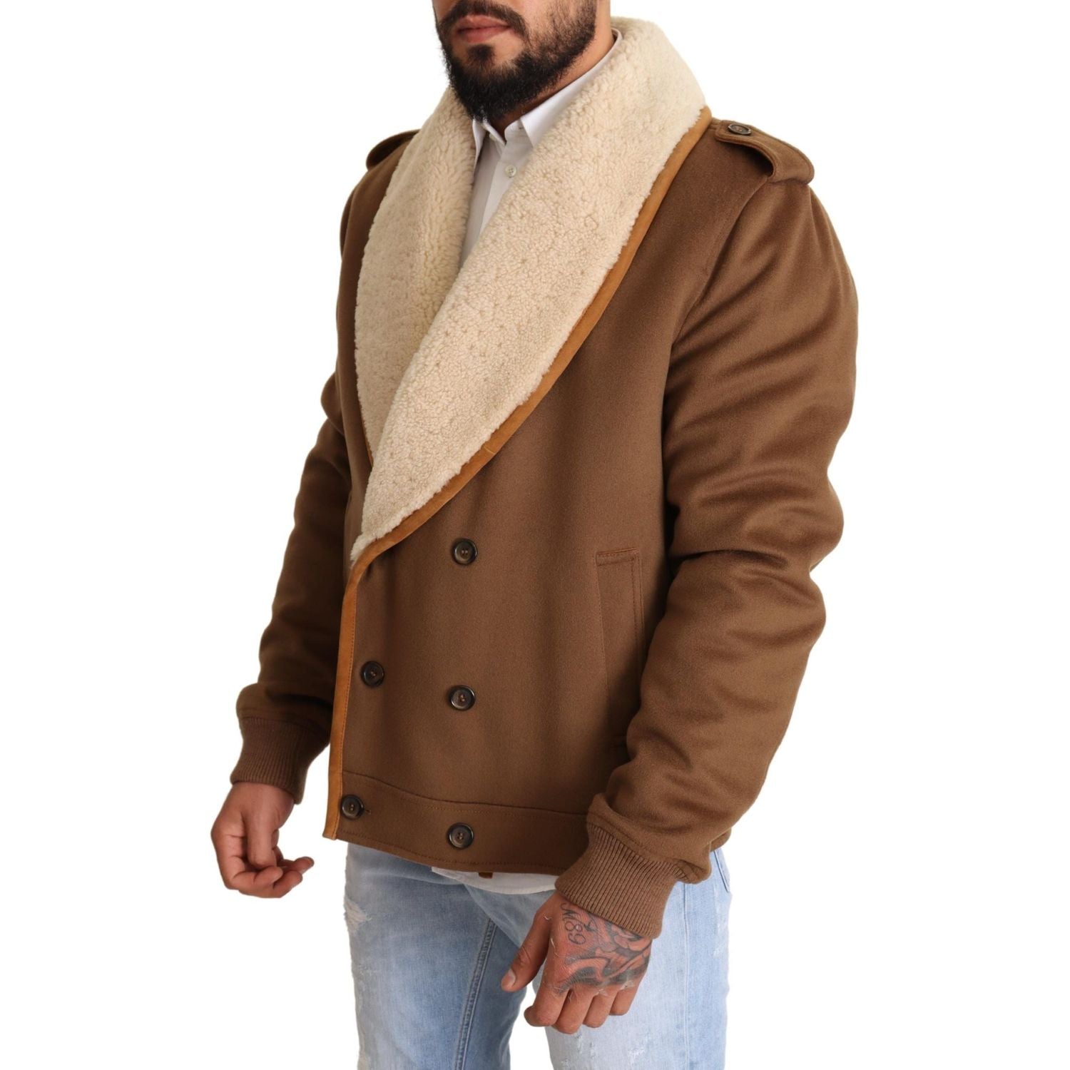Dolce & Gabbana | Brown Double Breasted Shearling Coat Jacket | McRichard Designer Brands