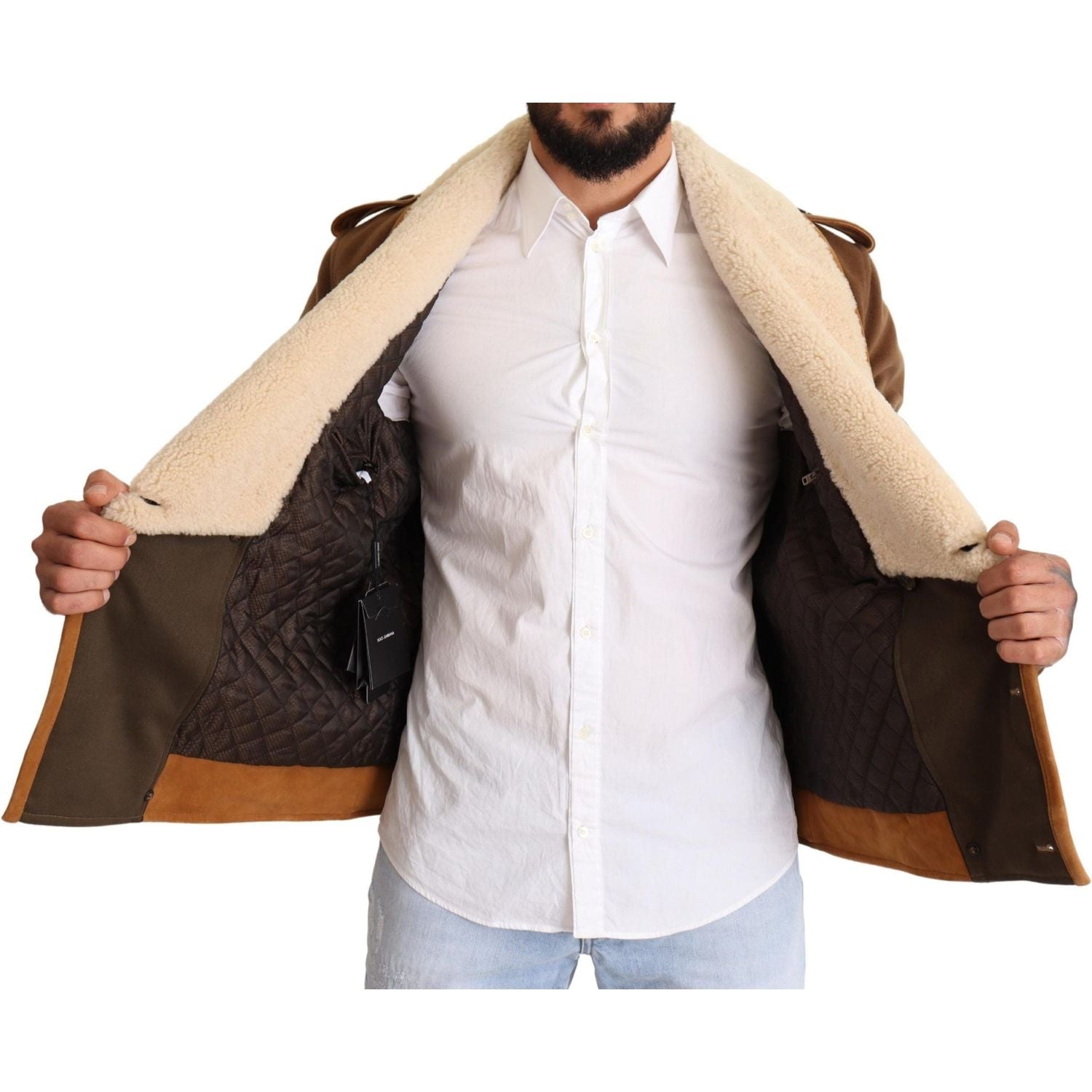 Dolce & Gabbana | Brown Double Breasted Shearling Coat Jacket | McRichard Designer Brands