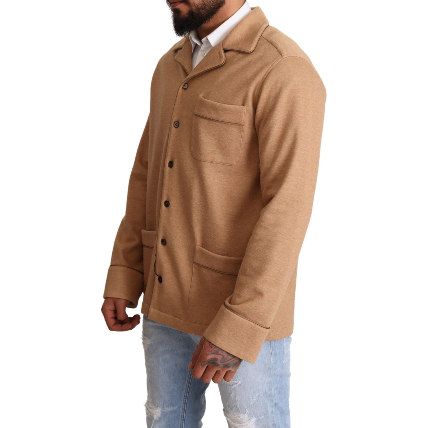 Dolce & Gabbana | Brown Cotton Button Collared Coat Jacket | McRichard Designer Brands