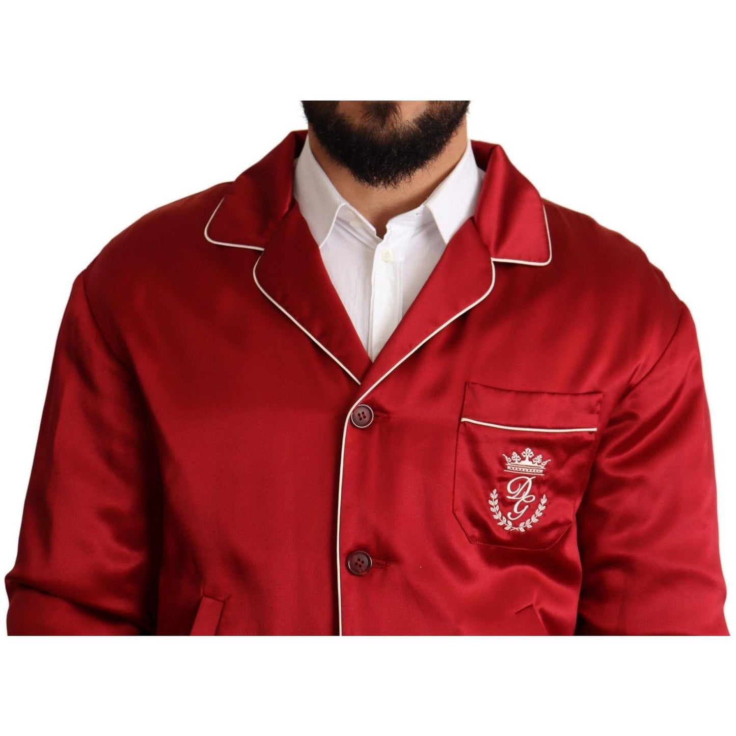 Dolce & Gabbana | Red Silk Button DG Logo Bomber Jacket | McRichard Designer Brands