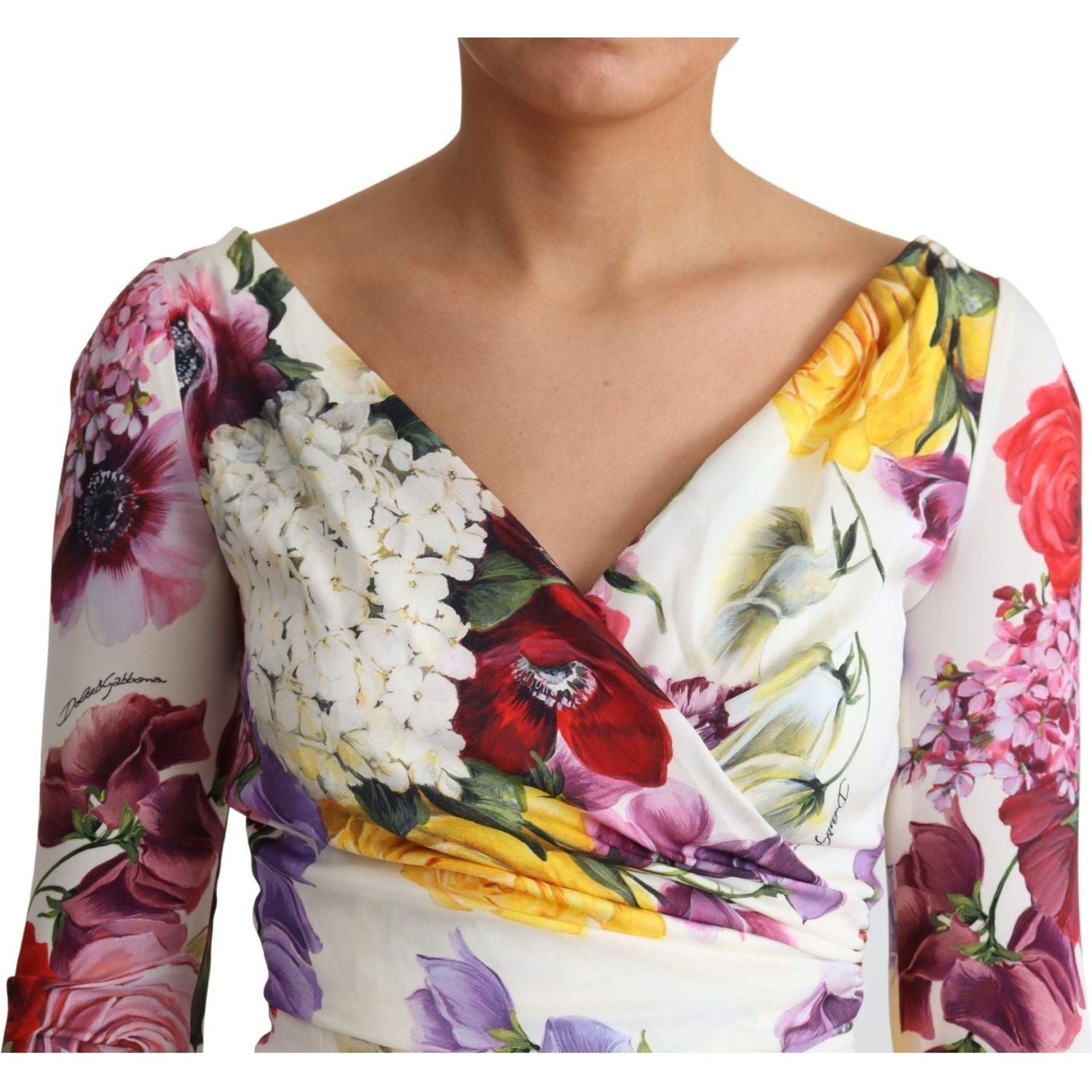 Dolce & Gabbana | White Floral Print Silk Long Sleeve Dress | 899.00 - McRichard Designer Brands