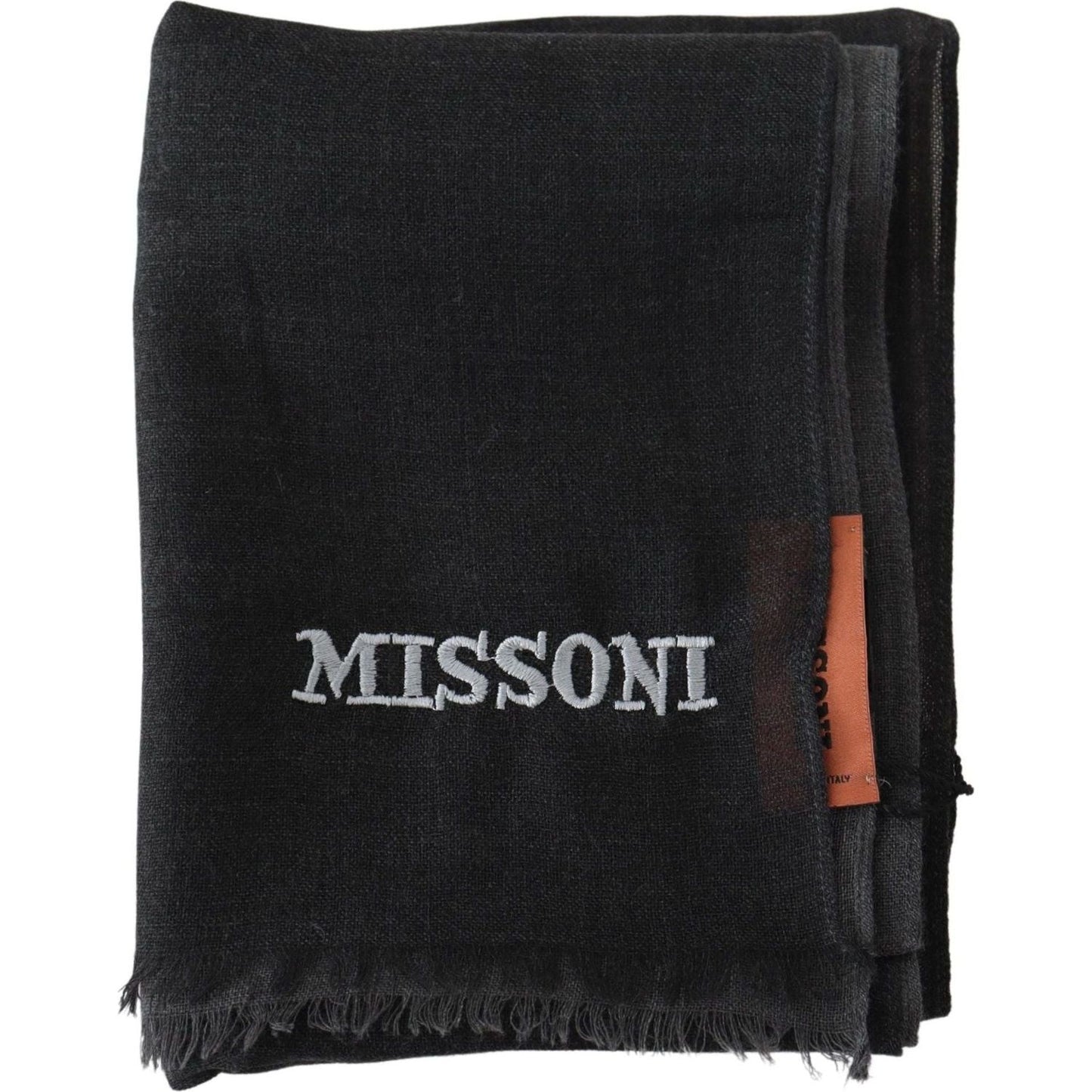 Missoni | Black Wool Unisex Neck Wrap Shawl Fringes Logo Scarf  | McRichard Designer Brands