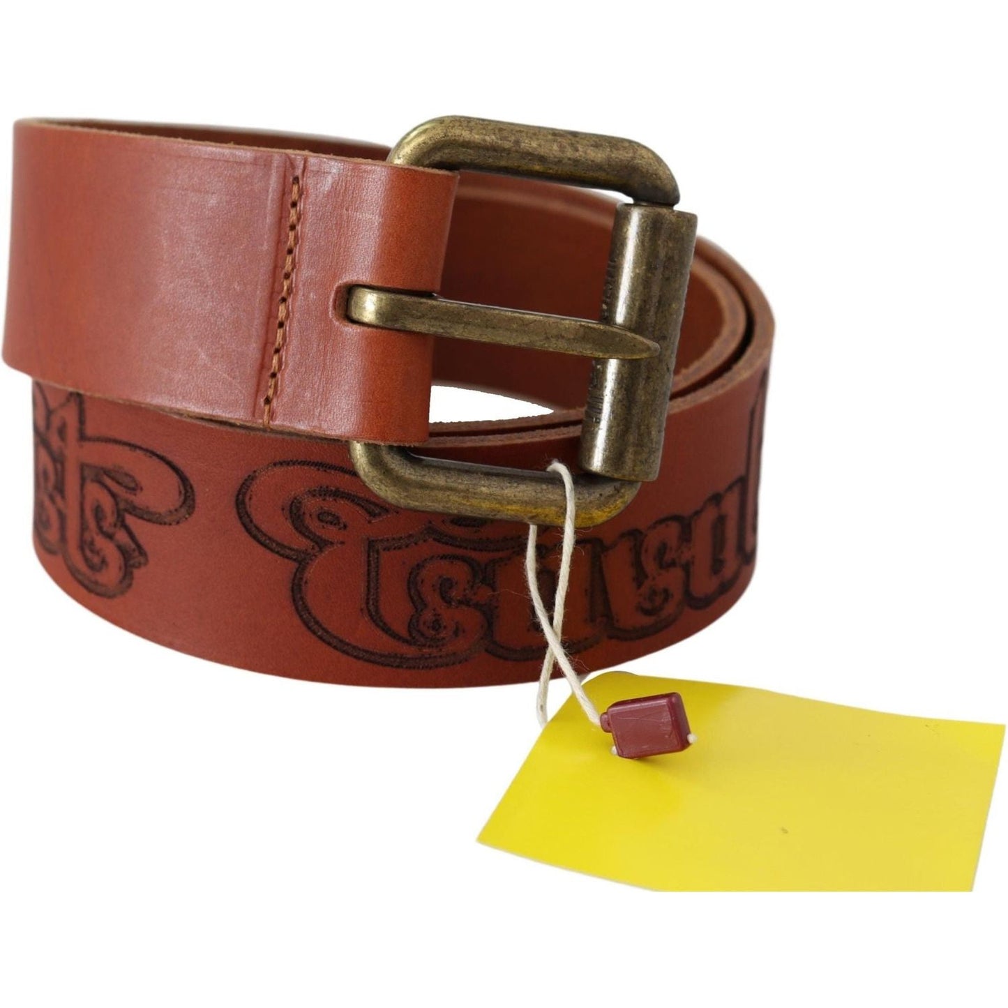 Just Cavalli | Brown Leather Logo Bronze Rustic Metal Buckle Belt - McRichard Designer Brands