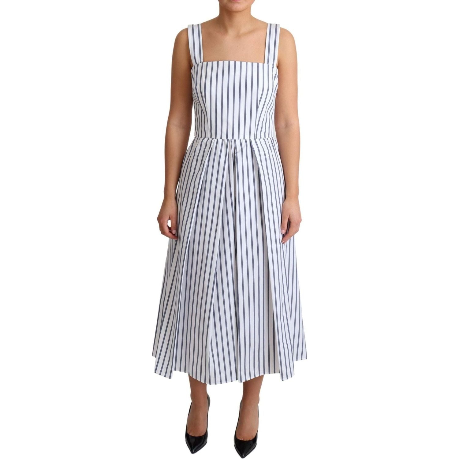 Dolce & Gabbana | White Blue Striped Cotton A-Line Dress  | McRichard Designer Brands