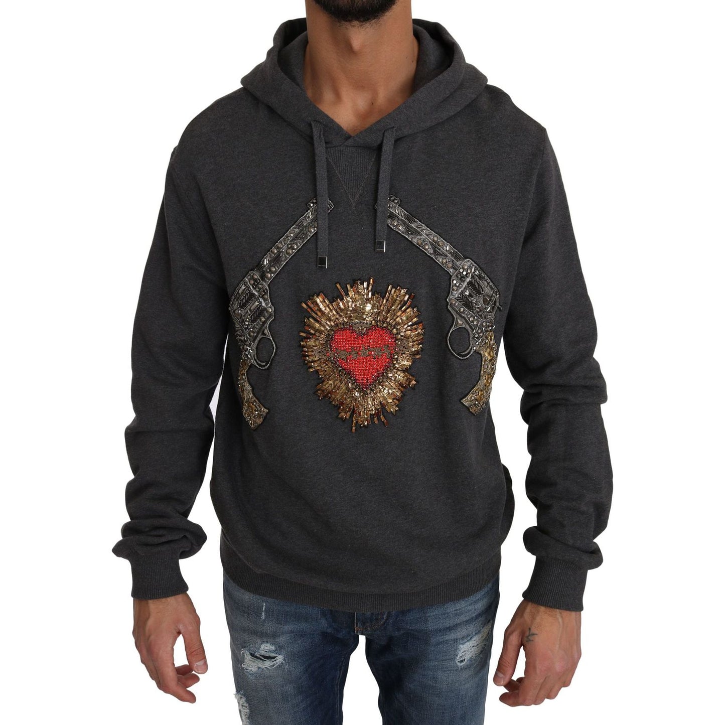 Dolce & Gabbana | Gray Hooded Red Crystal Heart Gun Sweater  | McRichard Designer Brands