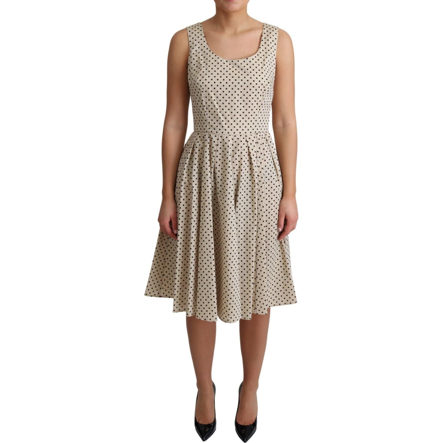 Dolce & Gabbana | Beige Polka Dotted Cotton A-Line Dress Dresses | McRichard Designer Brands
