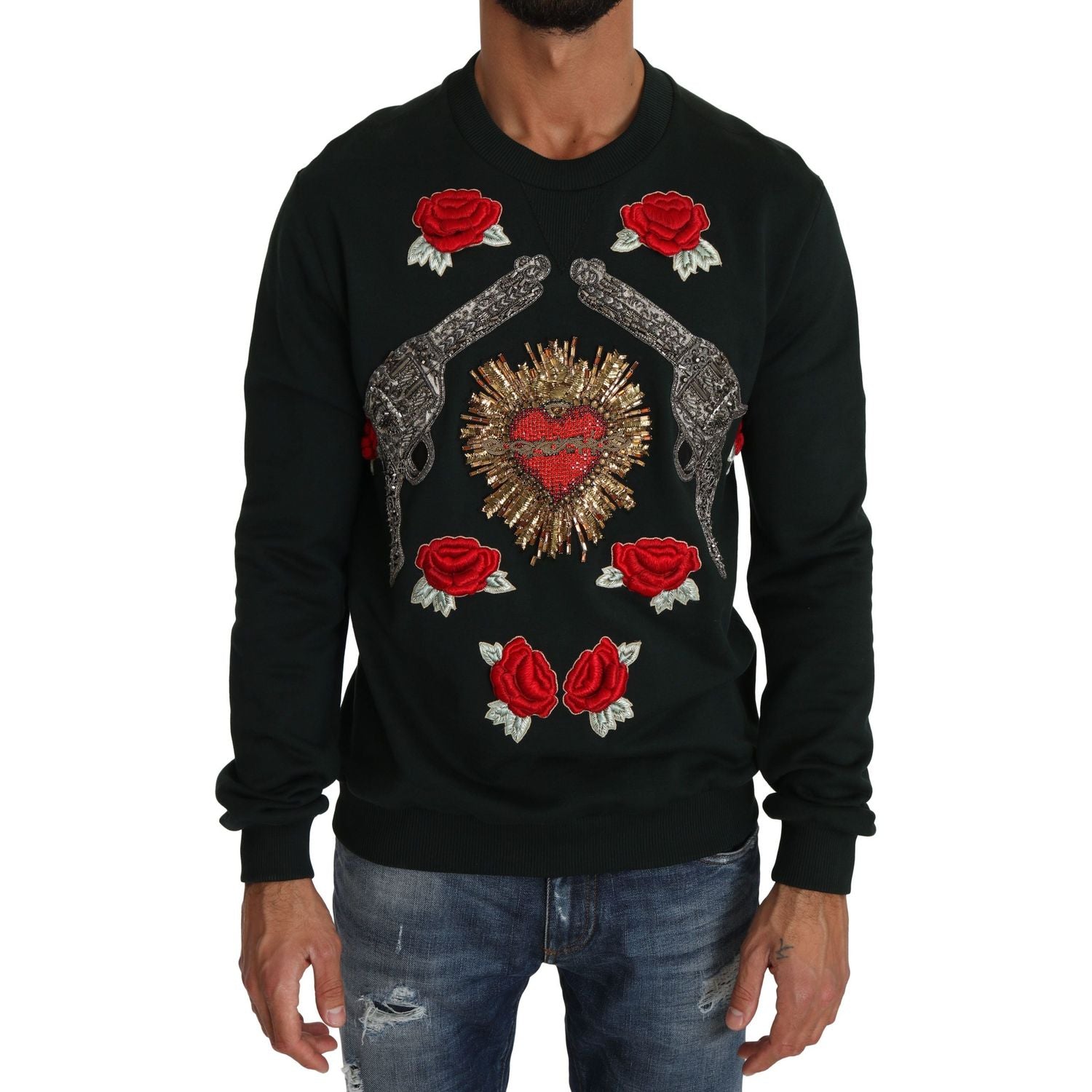 Dolce & Gabbana | Green Crystal Heart Roses Gun Sweater  | McRichard Designer Brands