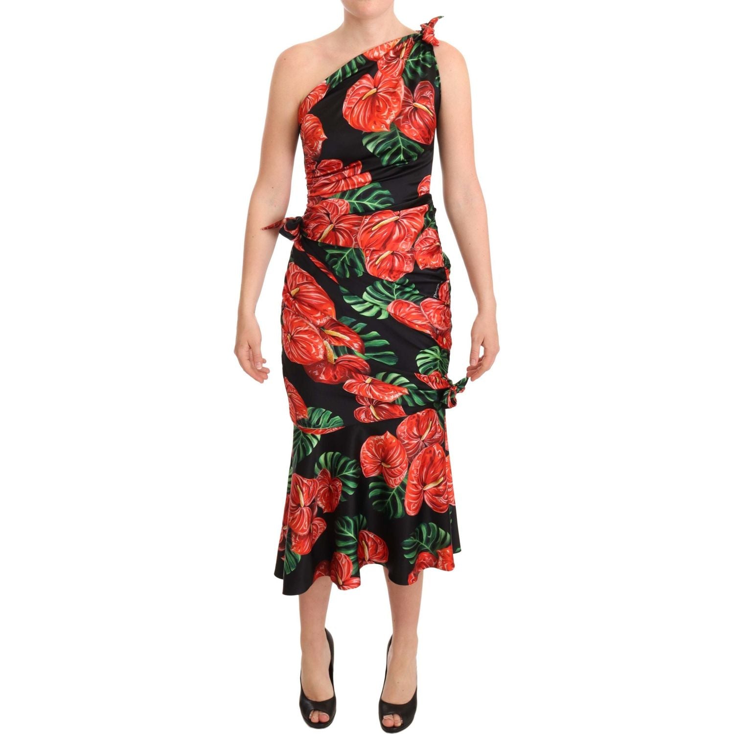 Dolce & Gabbana | Black Shiny Silk Floral Print Draped Dress WOMAN DRESSES | McRichard Designer Brands