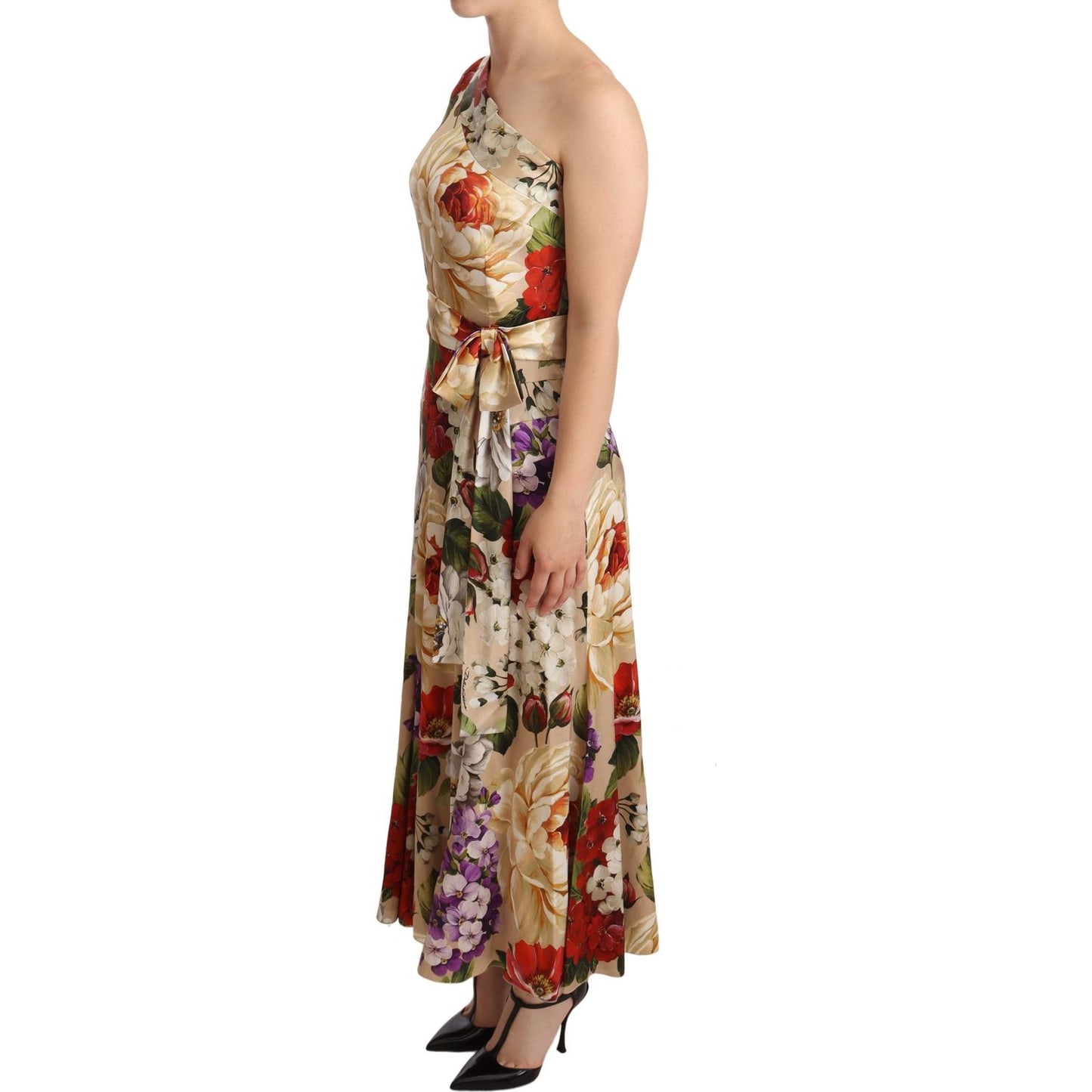 Dolce & Gabbana | Beige One Shoulder Floral Mid Length Dress | McRichard Designer Brands