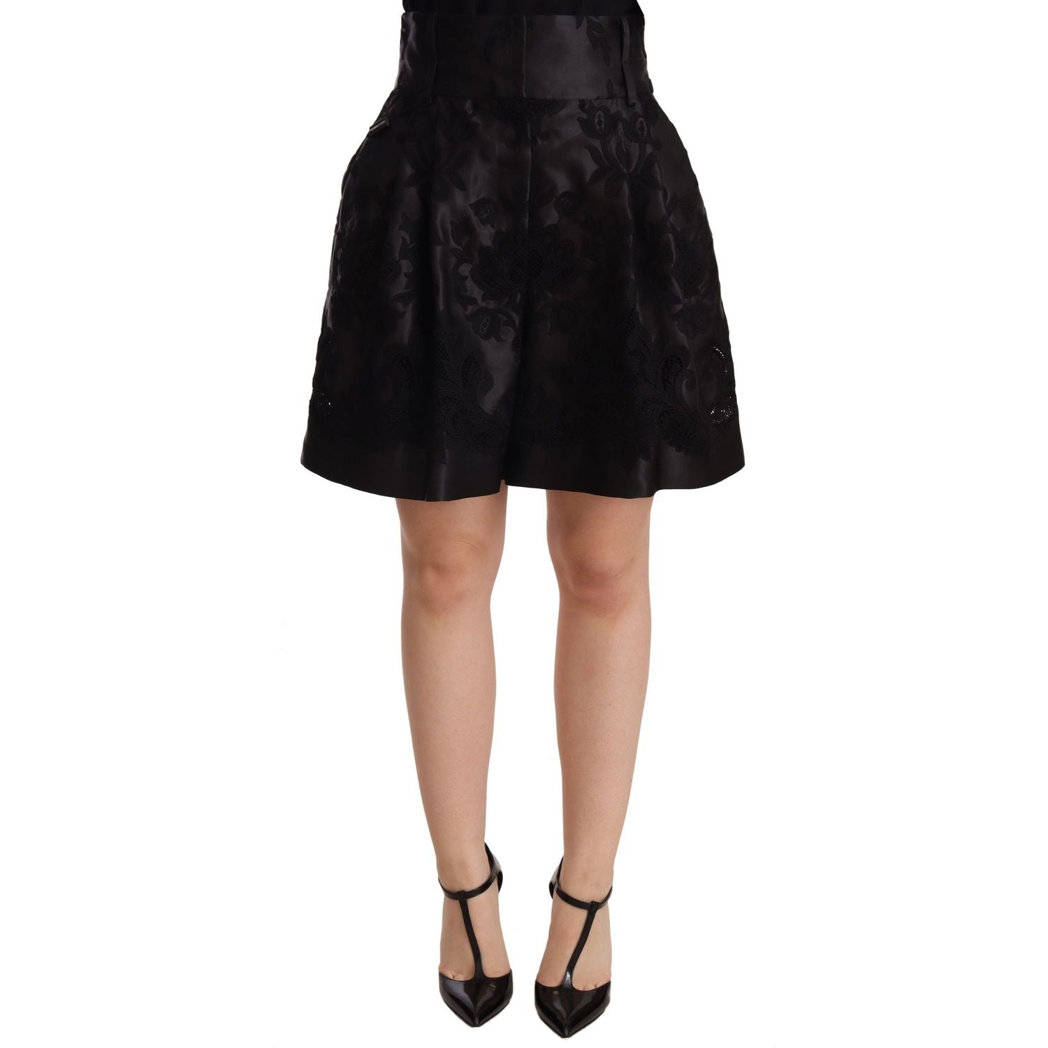 Dolce & Gabbana | Black Floral Brocade High Waist Mini Shorts | McRichard Designer Brands