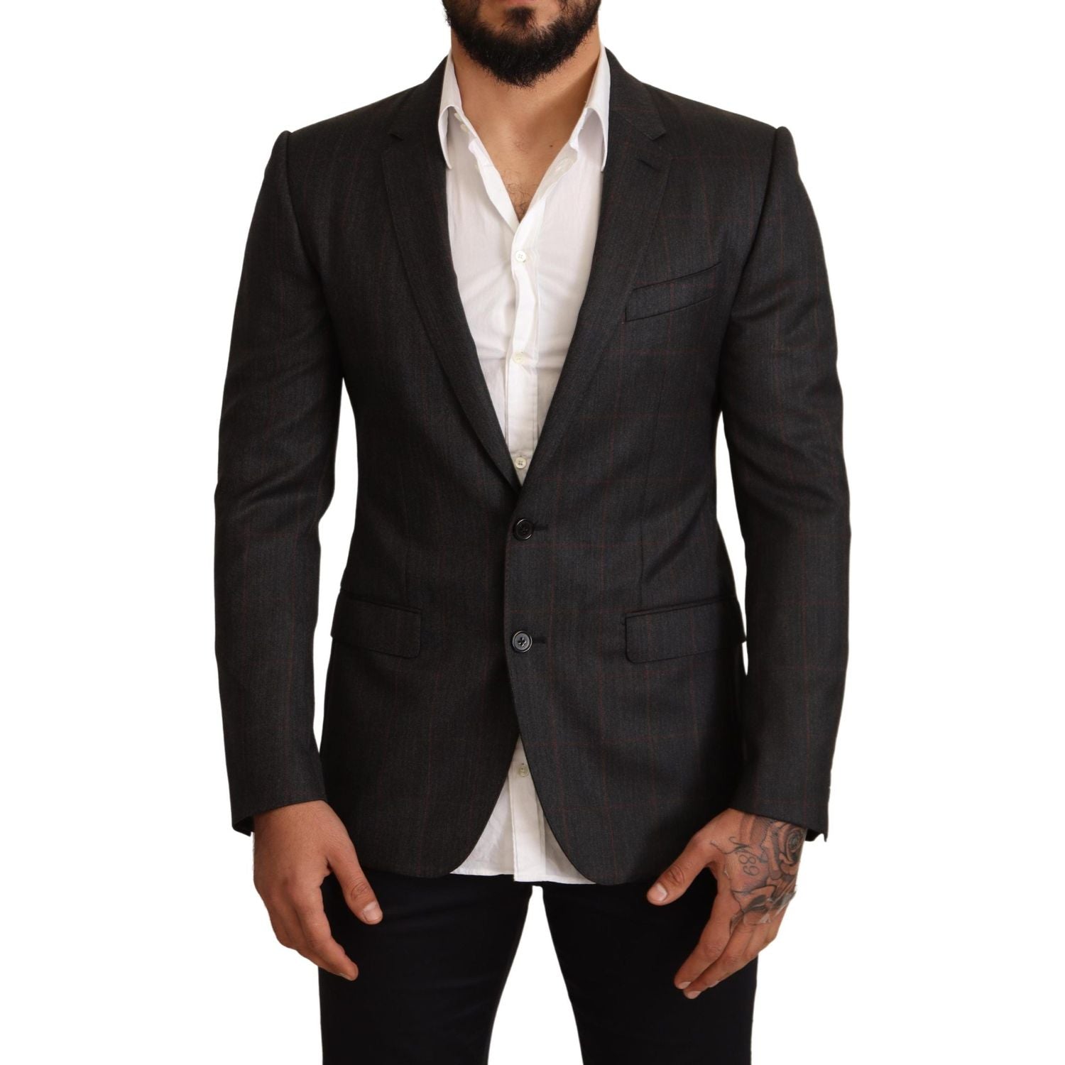 Dolce & Gabbana | Gray Check Wool Slim Fit Blazer Jacket | McRichard Designer Brands