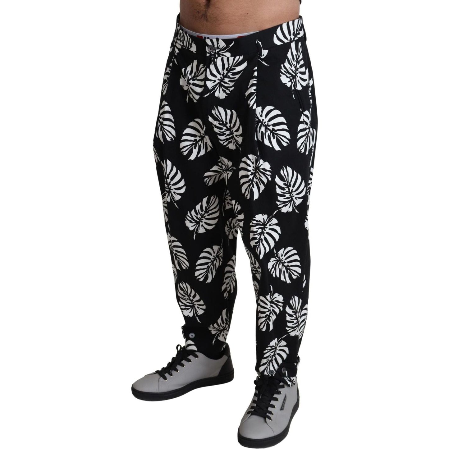 Dolce & Gabbana | Black Leaf Cotton Stretch Trouser Pants Pants | 369.00 - McRichard Designer Brands