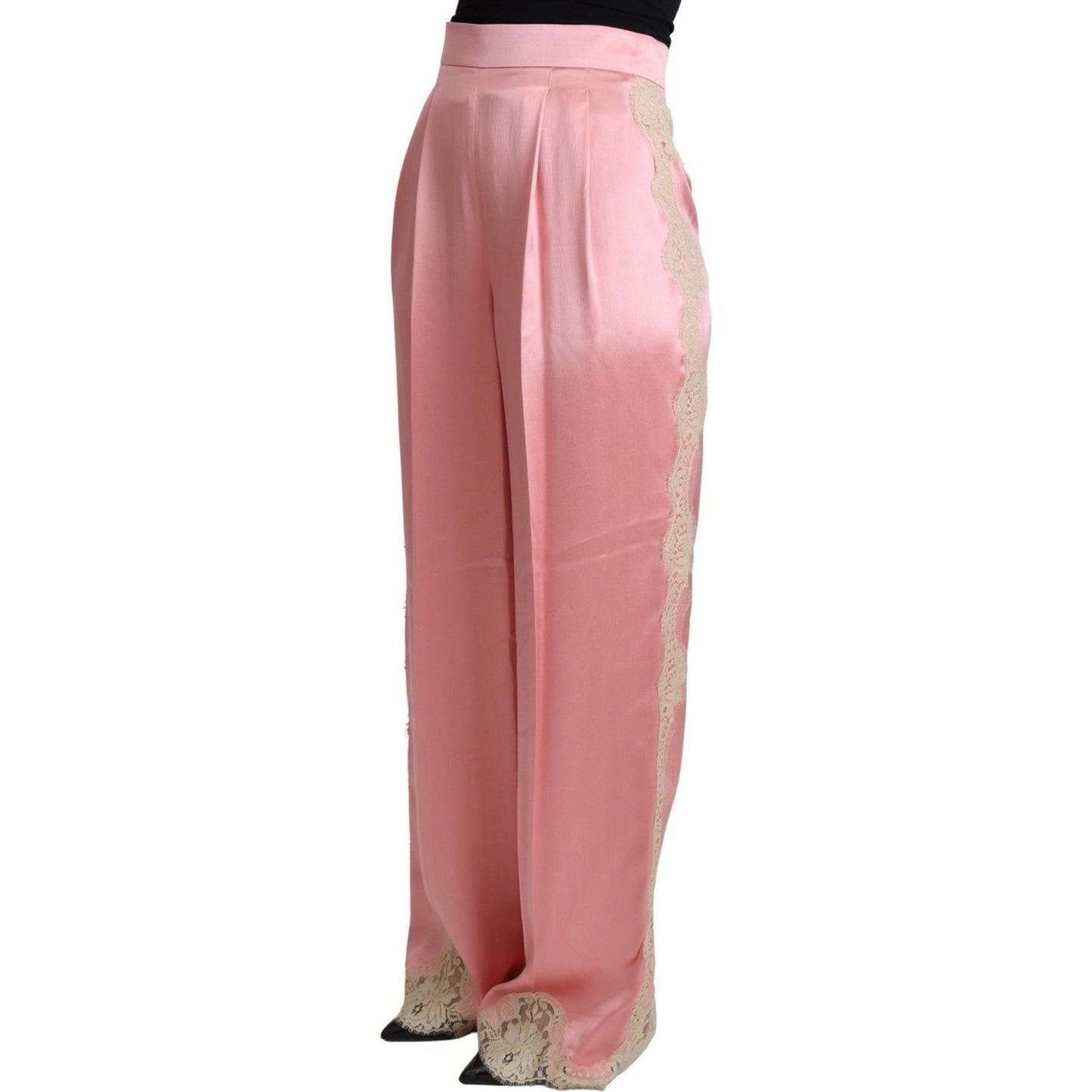 Dolce & Gabbana | Pink Lace Trimmed Silk Satin Wide Legs Pants | 859.00 - McRichard Designer Brands