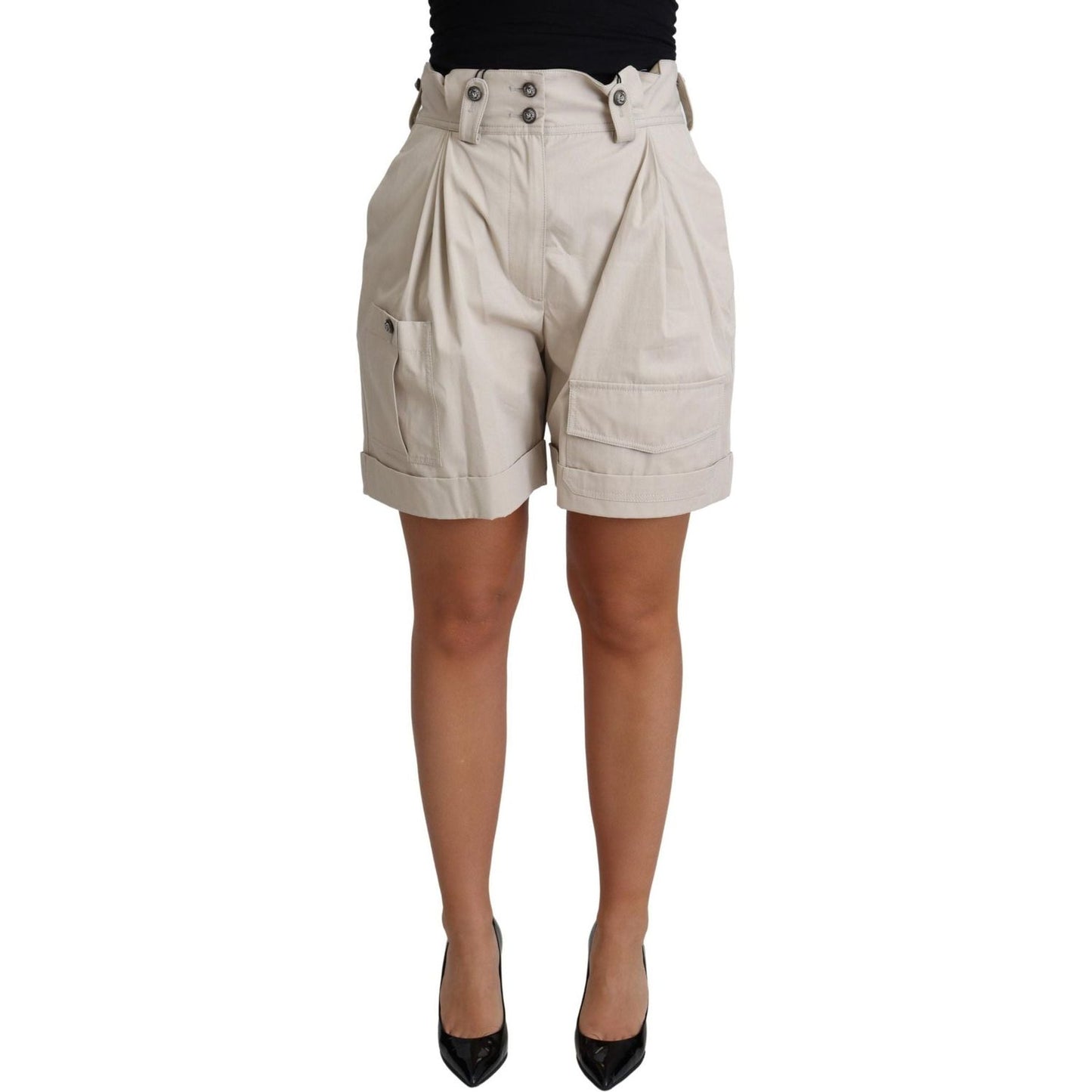 Dolce & Gabbana | Beige Cotton Pleated High Waist Casual Shorts | 399.00 - McRichard Designer Brands