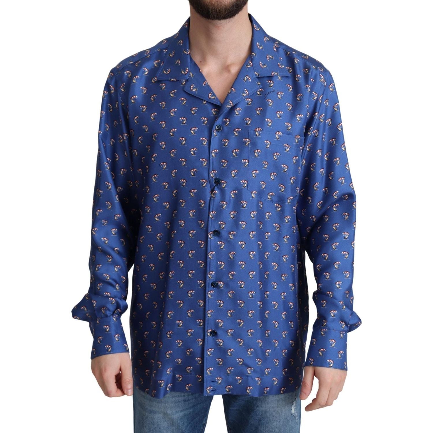 Dolce & Gabbana | Blue Beach Chair Umbrella Print Silk Shirt | 559.00 - McRichard Designer Brands