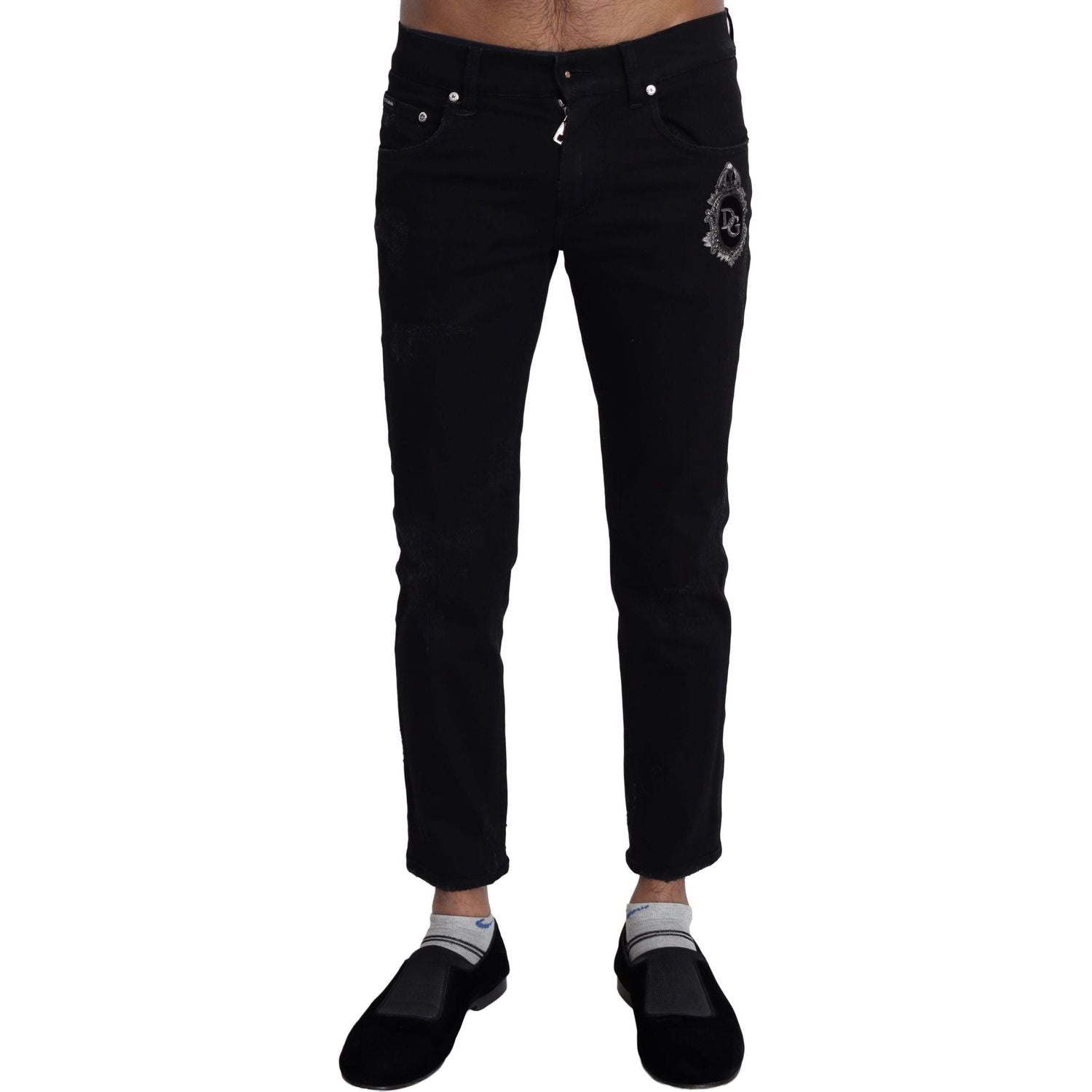 Dolce & Gabbana | Black Heraldic Embroidery Skinny Denim Jeans Jeans & Pants | McRichard Designer Brands