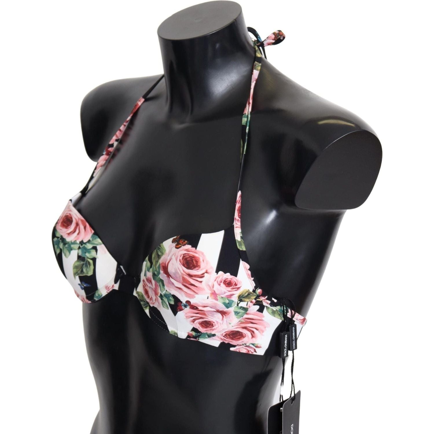 Dolce & Gabbana | Multicolor Striped Rose Print Swimwear Bikini Tops  | McRichard Designer Brands