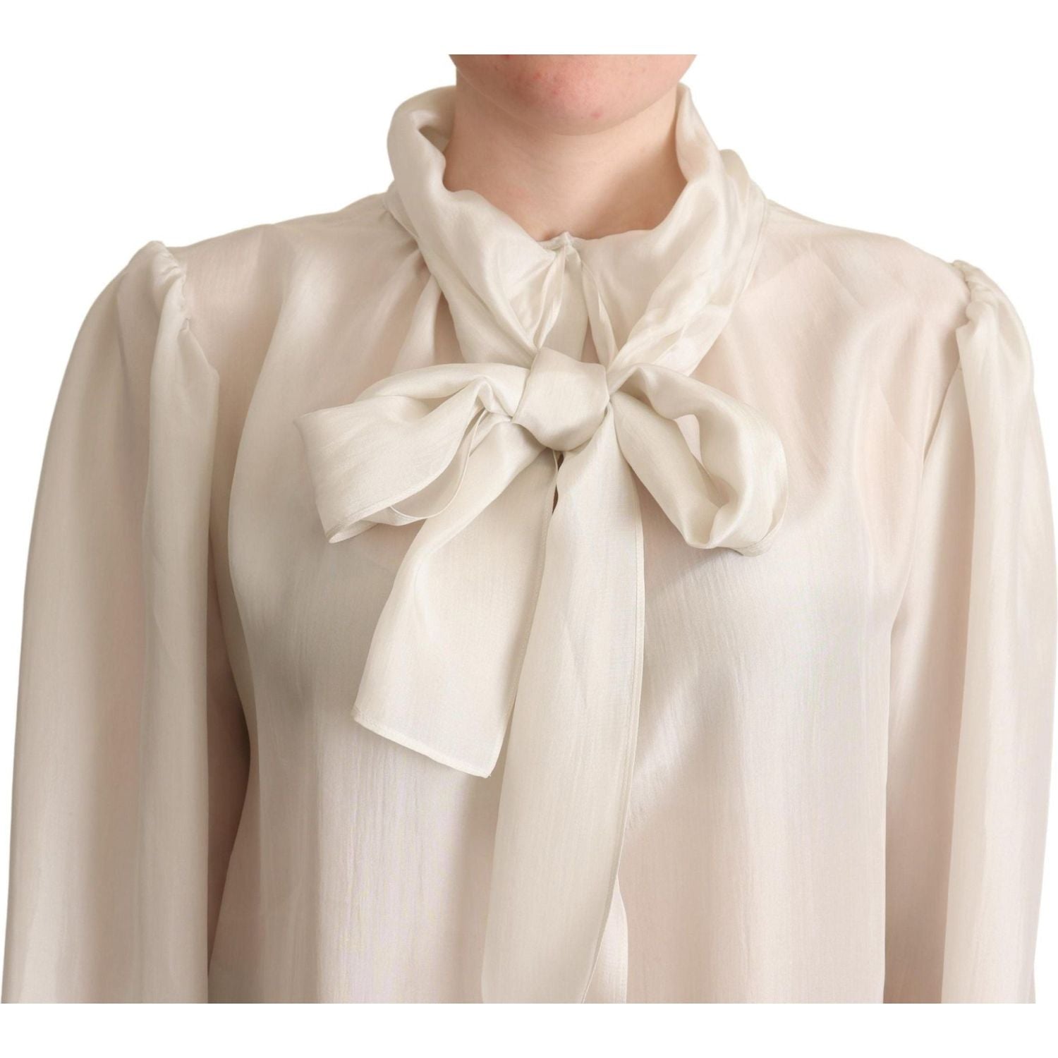 Dolce & Gabbana | Light Gray Ascot Collar Shirt Silk Blouse Top  | McRichard Designer Brands