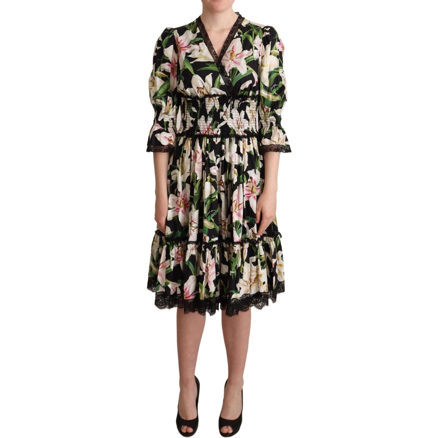 Dolce & Gabbana | Black Cotton Lily Print Lace Trim Dress WOMAN DRESSES | McRichard Designer Brands