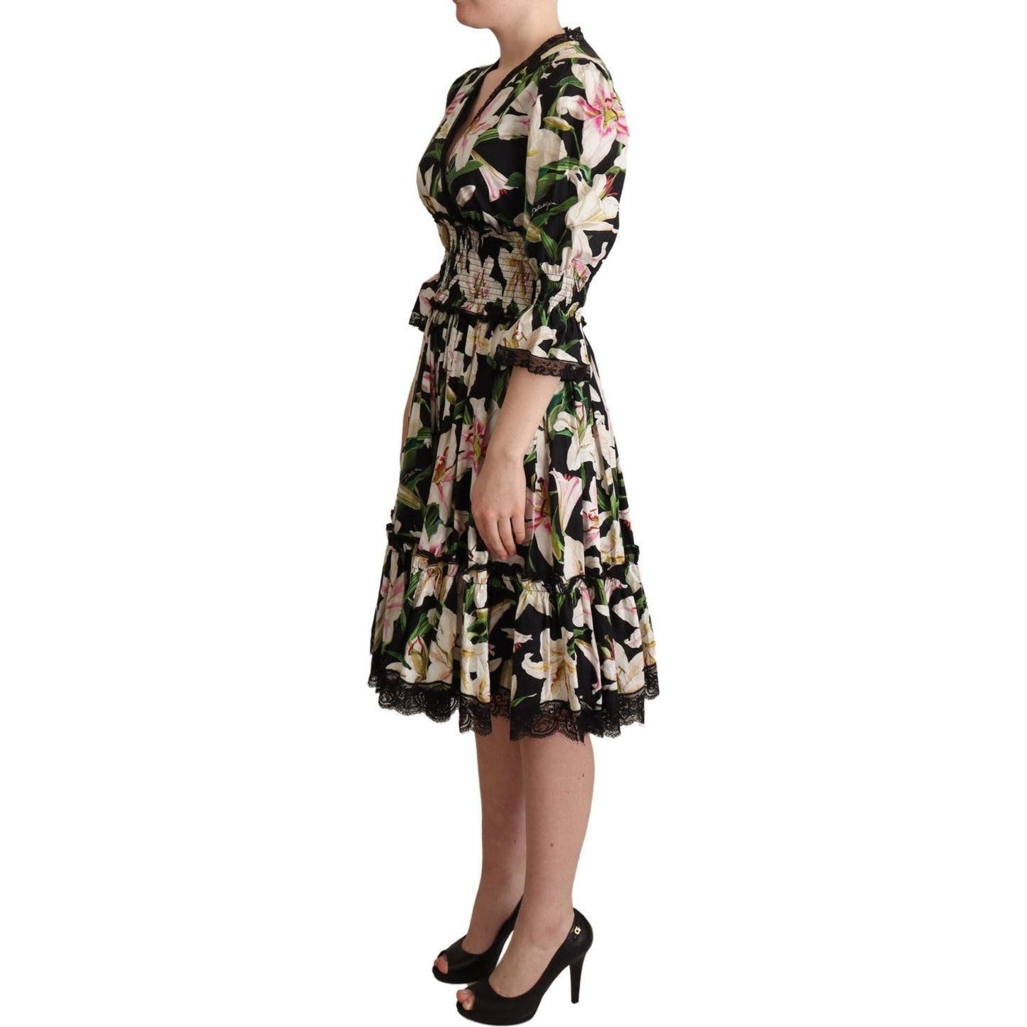 Dolce & Gabbana | Black Cotton Lily Print Lace Trim Dress WOMAN DRESSES | McRichard Designer Brands