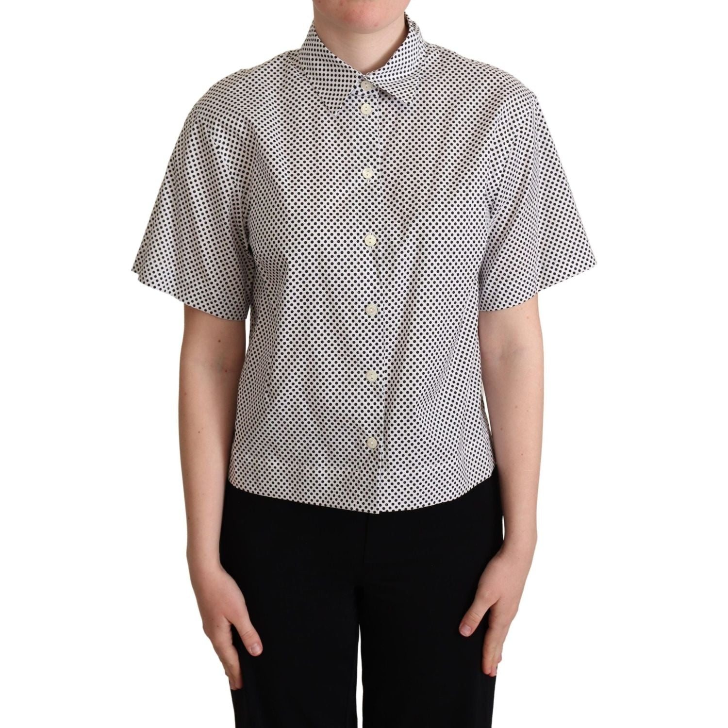 Dolce & Gabbana | Black Polka Dot Collared Shirt White Blouse Top | McRichard Designer Brands
