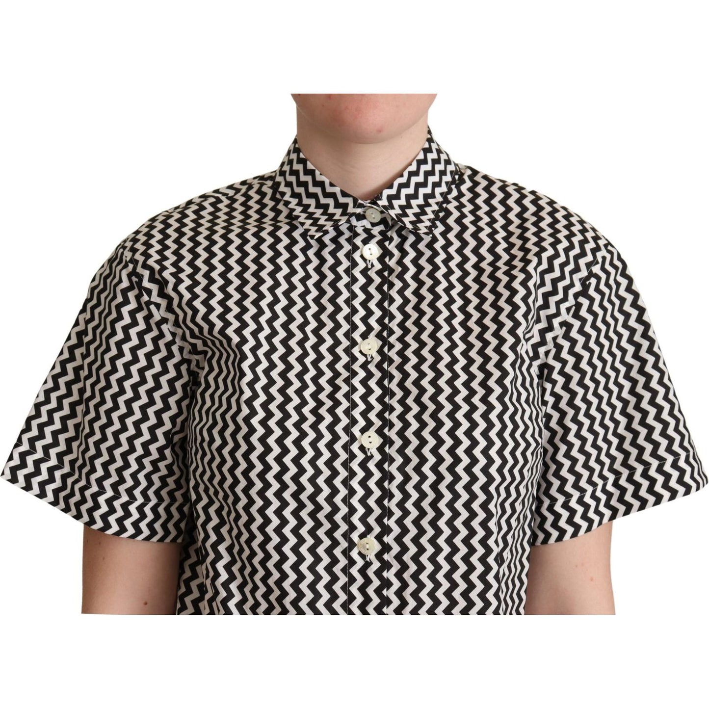 Dolce & Gabbana | Black White Zigzag Collar Cotton Top Shirt Blouse Top | McRichard Designer Brands