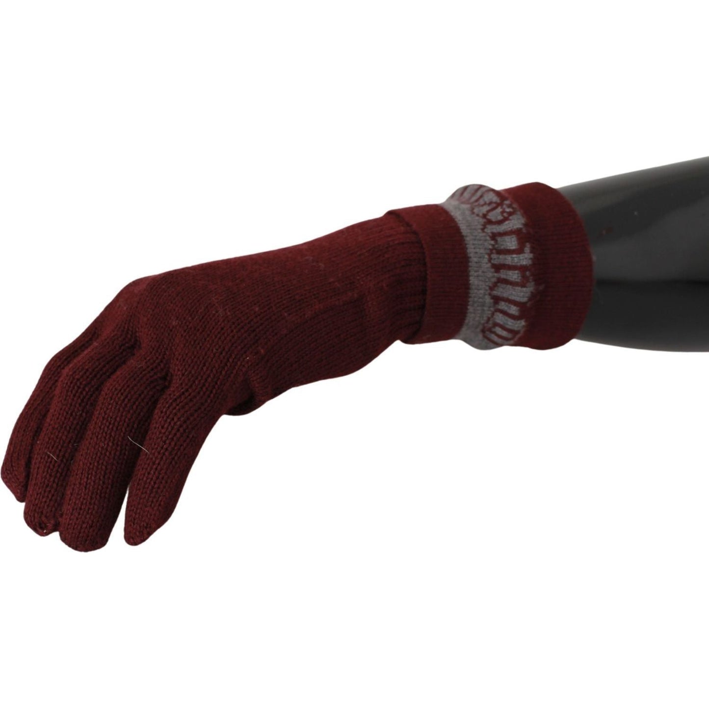 John Galliano | Maroon Elastic Wrist Length Mitten Designer Logo Gloves | McRichard Designer Brands