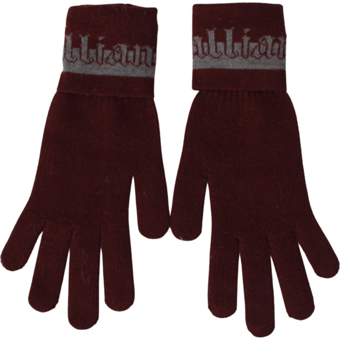 John Galliano | Maroon Elastic Wrist Length Mitten Designer Logo Gloves | McRichard Designer Brands