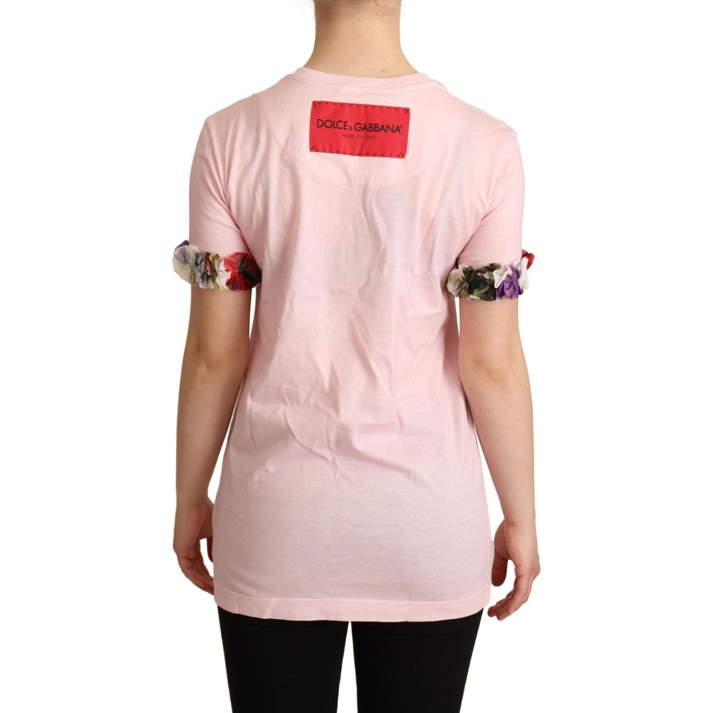 Dolce & Gabbana | Pink Cotton Floral Roses Crewneck T-shirt WOMAN T-SHIRTS | McRichard Designer Brands