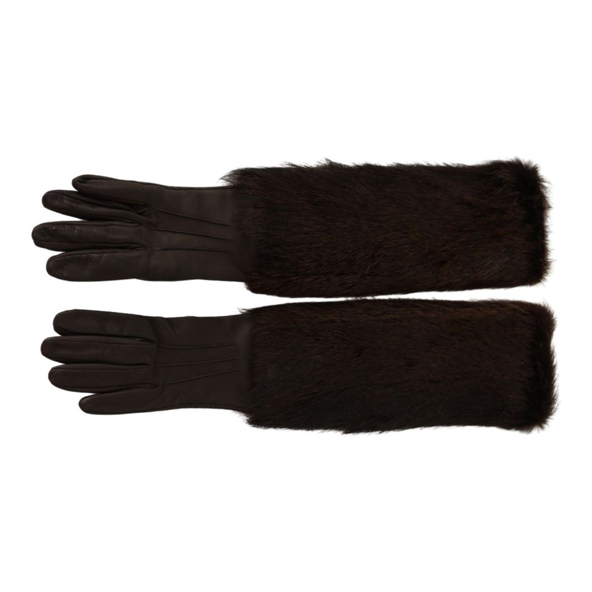 Dolce & Gabbana | Brown Elbow Length Mittens Leather Fur Gloves | McRichard Designer Brands