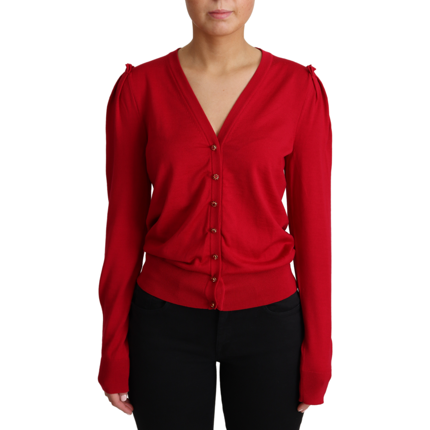Dolce & Gabbana | Red Wool Deep V-neck Women Cardigan Sweater | 499.00 - McRichard Designer Brands