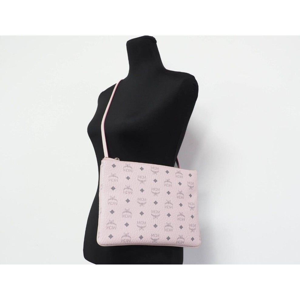MCM | Portuna Medium Visetos Powder Pink Coated Canvas Flat Pouch Crossbody Bag Crossbody Bag | McRichard Designer Brands